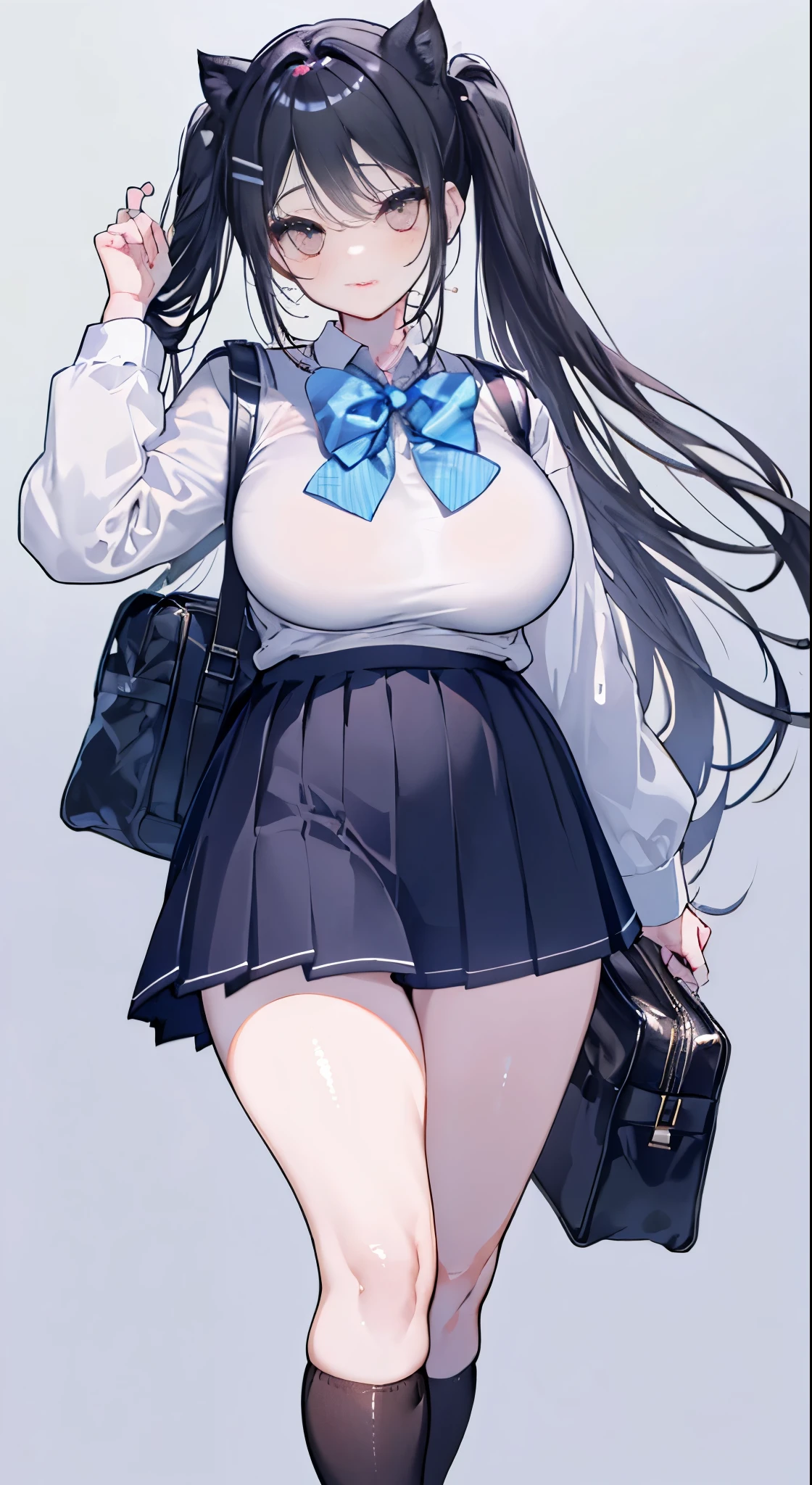 "(perfect masterpiece:1.2), (highest quality:1.2), stunning face,  compensate, long and luxurious eyelashes, lip whole, irresistible charisma.",(((mature woman))),(((twin tails)))，raised his arms,NSFW,(((Chubby)))，((((school uniform)))，hair clip，wallpaper，black hair，very long bangs，hair between eyes，(((Are fat)))，((((Mother))))，lipstick，((((side))))，blue skirt，have a school bag，black long socks