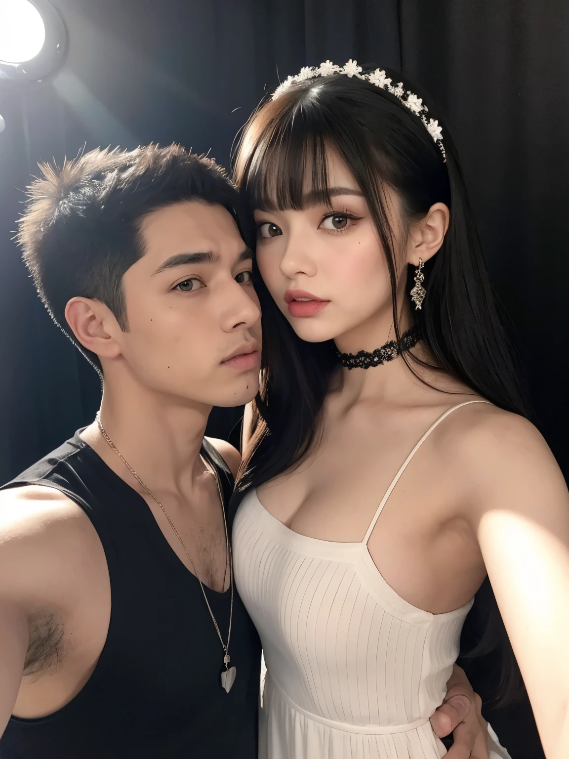 Kim Jennie con el cabello negro oscuro, con rulos en las puntas del cabello negro oscuro, con un ganchito de estrella en el cabello negro oscuro, ojos de color claro, ojos bonitos, ojos llorosos, nariz bonita y respingada, labios bonitos, labios rosas, heart and cupid shaped lip, piel bonita, pale, piel blanca, con lunares y pecas en todo el rostro, rubor rosa suave en las mejilla, rubor rosa natural, dark and gothic makeup, Jennie gotica, mientras ella esta con un chico lindo a su lado, with a cute asian boy standing next to her, mientras hay un torso de hombre, mientras el hombre'His hand is on his jaw.., manos bonitas de hombre, with a gothic boy, cuellos bonito, cuello marcado, frown, mirada enojada, con un collar de beso, un collar bonito de beso, mientras sus pezones son notorios (pechos grandes, pechos suaves, pechos bonitos, pechos naturales), con un vestido blanco, vestido corto y transparente, visible on the nipple, con un chico a su lado, con su novio, mirando a la camara, autofoto