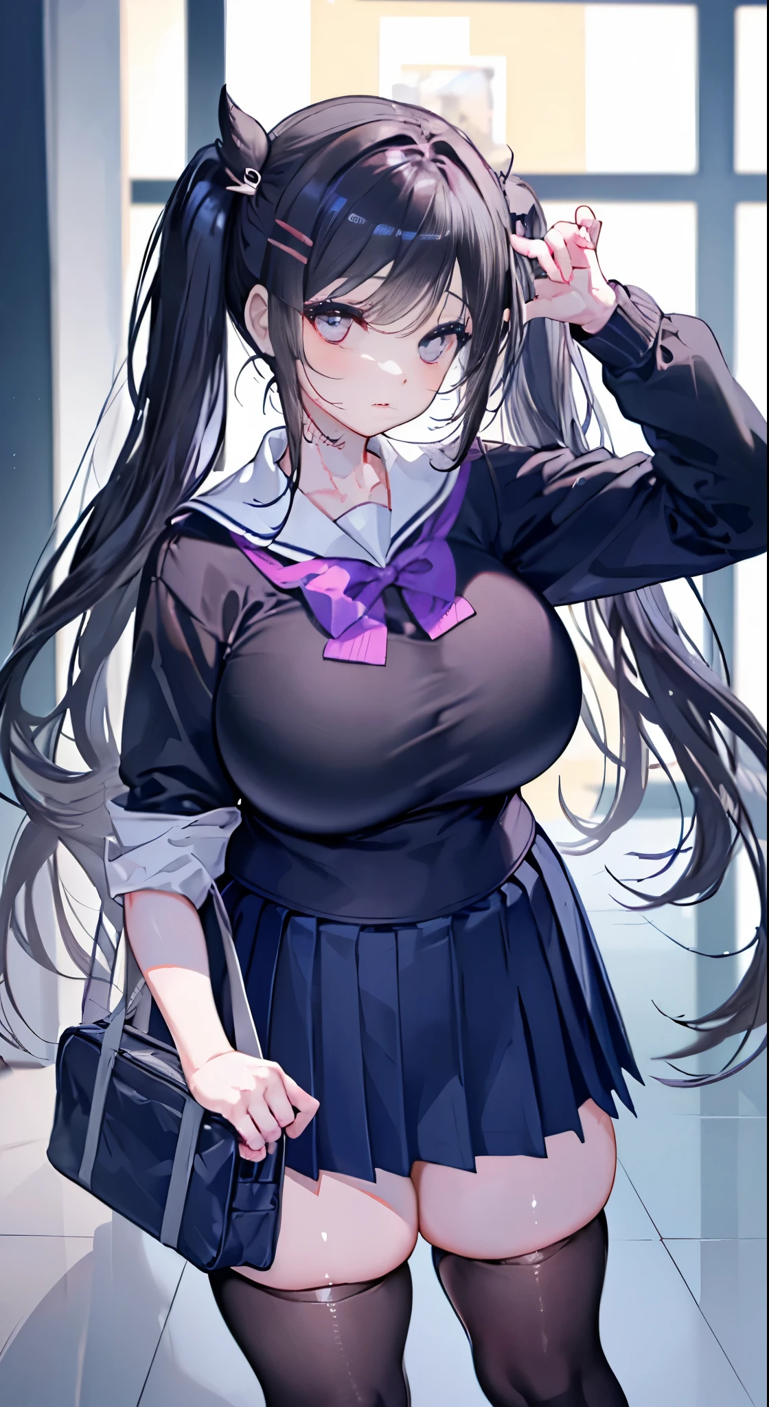 "(perfect masterpiece:1.2), (highest quality:1.2), stunning face,  compensate, long and luxurious eyelashes, lip whole, irresistible charisma.",(((mature woman))),(((twin tails)))，raised his arms,NSFW,(((Chubby)))，((((school uniform)))，hair clip，wallpaper，black hair，very long bangs，hair between eyes，(((Are fat)))，((((Mother))))，lipstick，((((side))))，blue skirt，have a school bag，black long socks