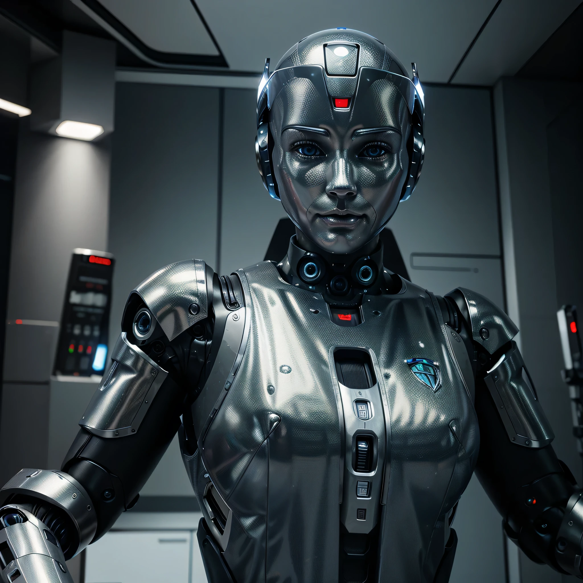 Generate an ultra-realistic image of a futuristic robot, com um ((robotic appearance)) do peito para cima, looking directly at the camera. The robot must have modern and technological resources, com detalhes realistas, as metallic textures, futuristic lighting