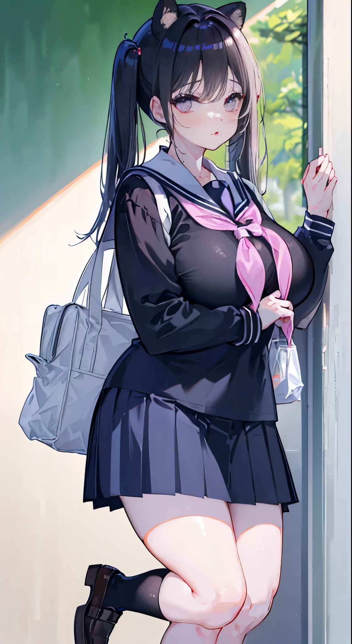 "(perfect masterpiece:1.2), (highest quality:1.2), stunning face,  compensate, long and luxurious eyelashes, lip whole, irresistible charisma.",(((mature woman))),(((twin tails)))，raised his arms,NSFW,(((Chubby)))，((((school uniform)))，hair clip，wallpaper，black hair，very long bangs，hair between eyes，(((Are fat)))，((((Mother))))，lipstick，((((side))))，blue skirt，have a school bag，black long socks