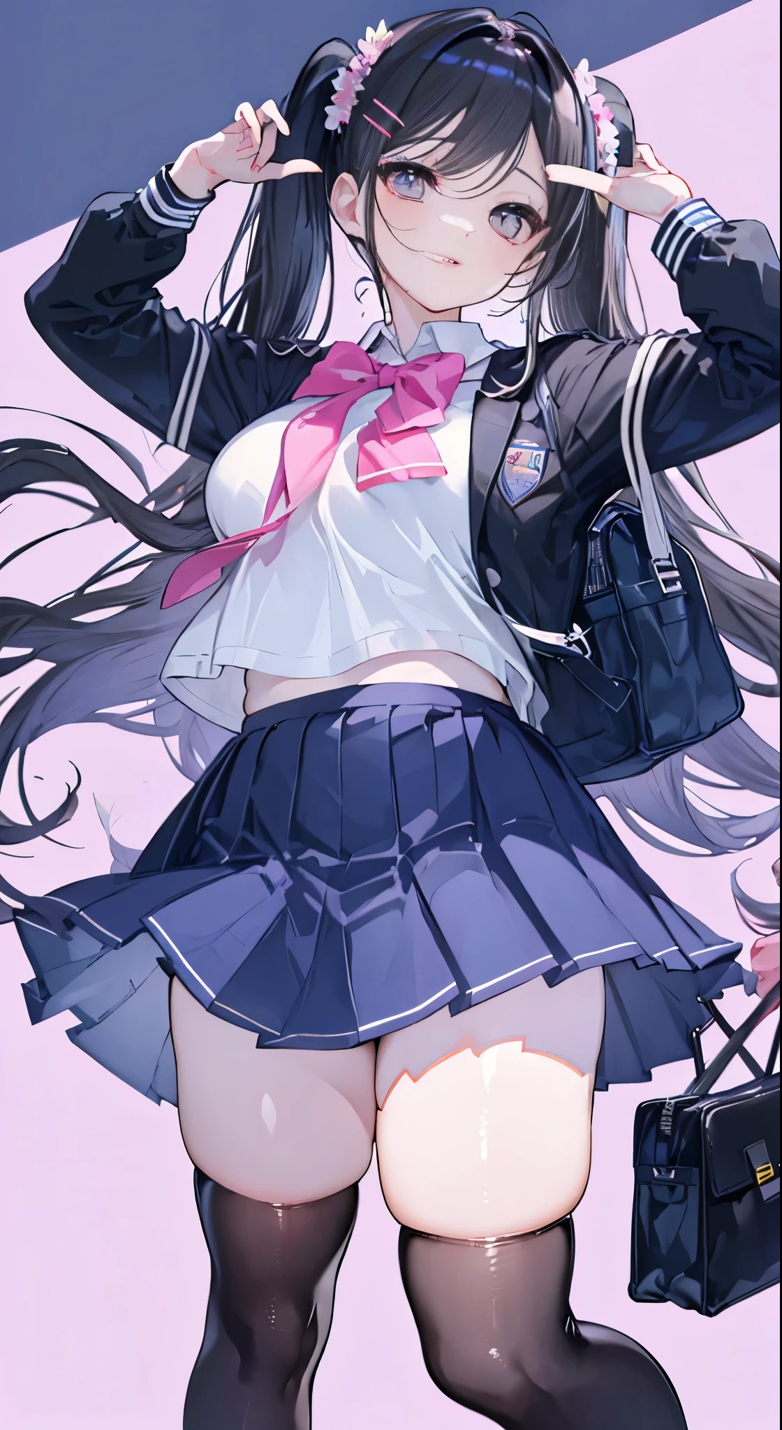 "(perfect masterpiece:1.2), (highest quality:1.2), stunning face,  compensate, long and luxurious eyelashes, lip whole, irresistible charisma.",(((mature woman))),(((twin tails)))，raised his arms,NSFW,(((Chubby)))，((((school uniform)))，hair clip，wallpaper，black hair，very long bangs，hair between eyes，(((Are fat)))，((((Mother))))，lipstick，((((side))))，blue skirt，have a school bag，black long socks