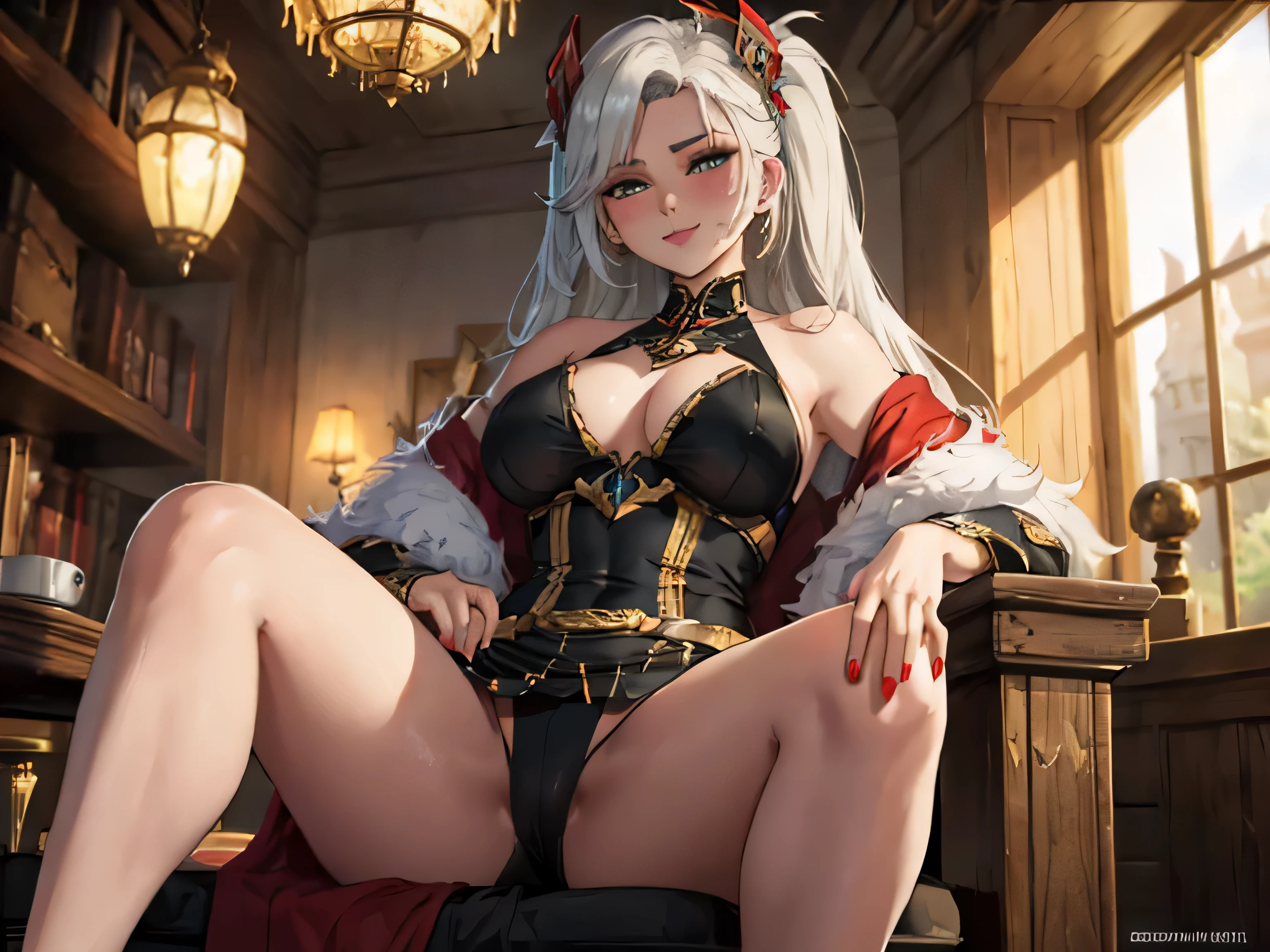 PrinzV4; The image portrays a captivating scene reminiscent of high-quality anime or PC games. It features a woman of regal stature seated upon a throne, her attire blending fantasy and fashion with intricate details showcasing the craftsmanship. The style seamlessly merges digital compositing with traditional cartoon artistry, hinting at a rich narrative context, possibly tied to an adventure or action-adventure game.

The dominant use of black in both foreground and background adds an air of mystery and elegance, while accents of teal bring vibrancy and depth to the composition. The woman's posture and throne design suggest a significant position of power or authority within the story.

Tags such as "strategy video game" and "CG artwork" hint at a complex backdrop involving strategic gameplay elements and a meticulously crafted digital world. With the woman as the focal point, her confident portrayal hints at an untold backstory waiting to be explored.

Overall, the scene's ambiance is both engaging and enigmatic, inviting viewers to speculate about the lore and adventures within this visually rich universe. It could depict a critical moment from a video game or a key frame in an anime series, designed to captivate and intrigue with its blend of action, adventure, and storytelling.

high detail, anime, anime style, depth of field, cinematic lighting, ray tracing, dithering, from below, perspective, Canon, f/1.2, 35mm, bokeh, Wide-Angle, UHD, retina, masterpiece, ccurate, anatomically correct, super detail, high details, high quality, award winning, best quality, highres, 16k

white hair, hair ornament, sunglasses, heart-shaped pupils, sanpaku, earrings, makeup, smile, evil smile, blush, naughty face, naughty