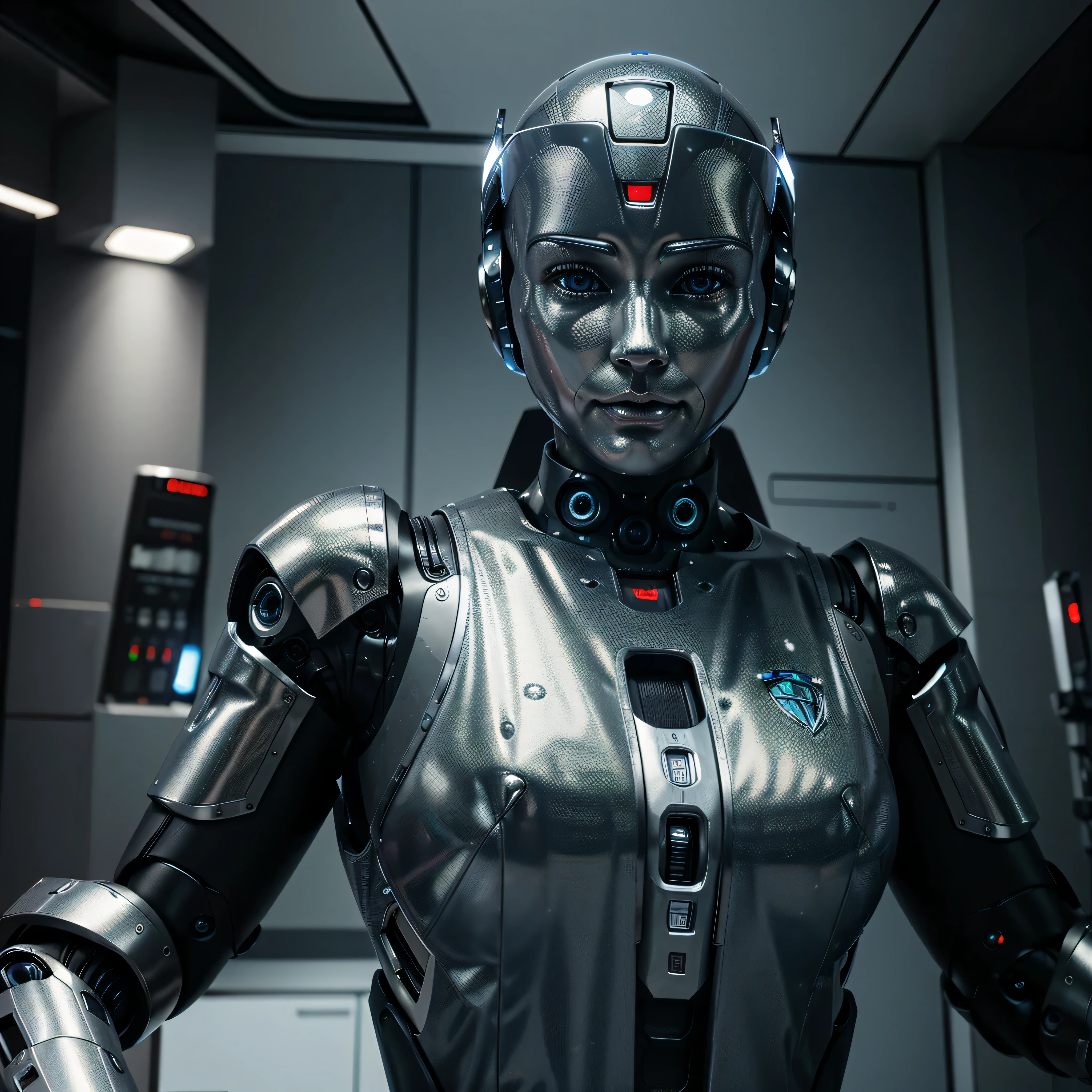 Generate an ultra-realistic image of a futuristic robot, com um ((robotic appearance)) do peito para cima, looking directly at the camera. The robot must have modern and technological resources, com detalhes realistas, as metallic textures, futuristic lighting