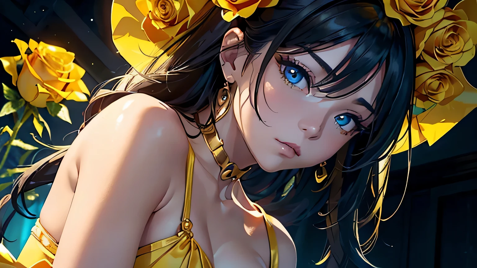 4K, A high resolution, Best quality at best, masterpiece, perfect colors, perfect shadow, perfect litthing, ((sportrait)), 1woman, fit-muscled body, bright yellow eyes，dark blue hair , blue eyes, With round lenses, The audience watched carefully, (s face: 1.2), Perfect female figure, ((standing)), ((beautiful queen in yellow dress suite, luxurious yellow tight crop top yellow roses and skull adorn her cloth, (yellow bikini, yellow roses, gold skull ornamental, yellow dark))), ((shy and looking at viewert)), (Perfect thick white eyebrows) Delicate fur, 详细s face, s the perfect face, At a fantasy cyberpunk city , (model pose standing), energetic abstract background, perfect cyberpunk city skyscape, lighting atmosphere, ((Bonifasko lighting)), (The round lenses on his eyes)(detailed eyes), Perfect student, ((face close up)), half breast open