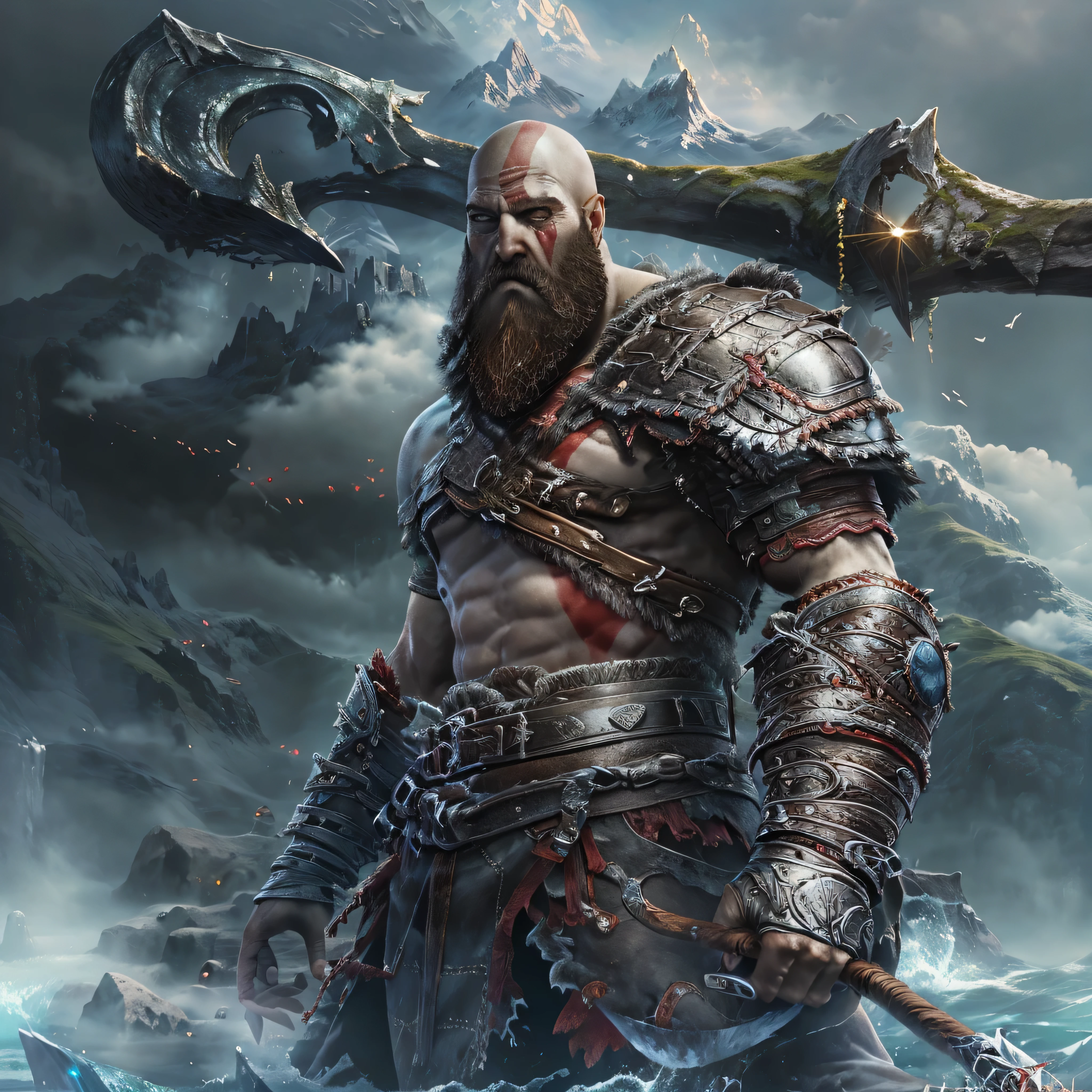 (masterpiece, best quality, detailed:1.2), kratosGOW_soul3142, cold face, metal shorts, mountain, seascape, clouds, 1boy, scar, beard, realistic, bald, armor, Leviathan Axe, upper body shot