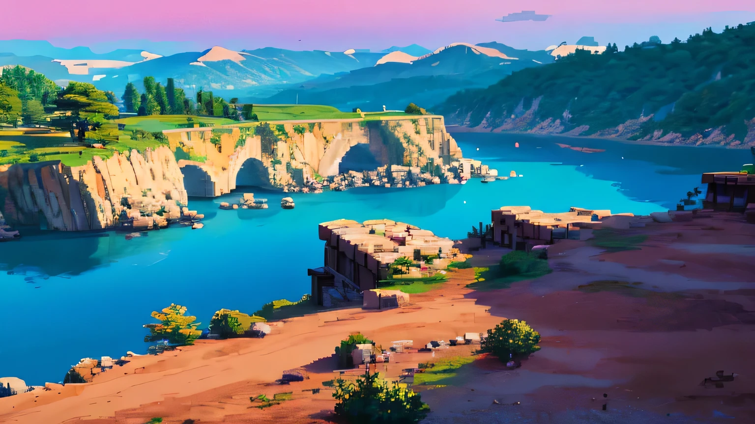 em uma montanha em um local isolado revela uma bela paisagem estelar em estilo pixel art lo-fi