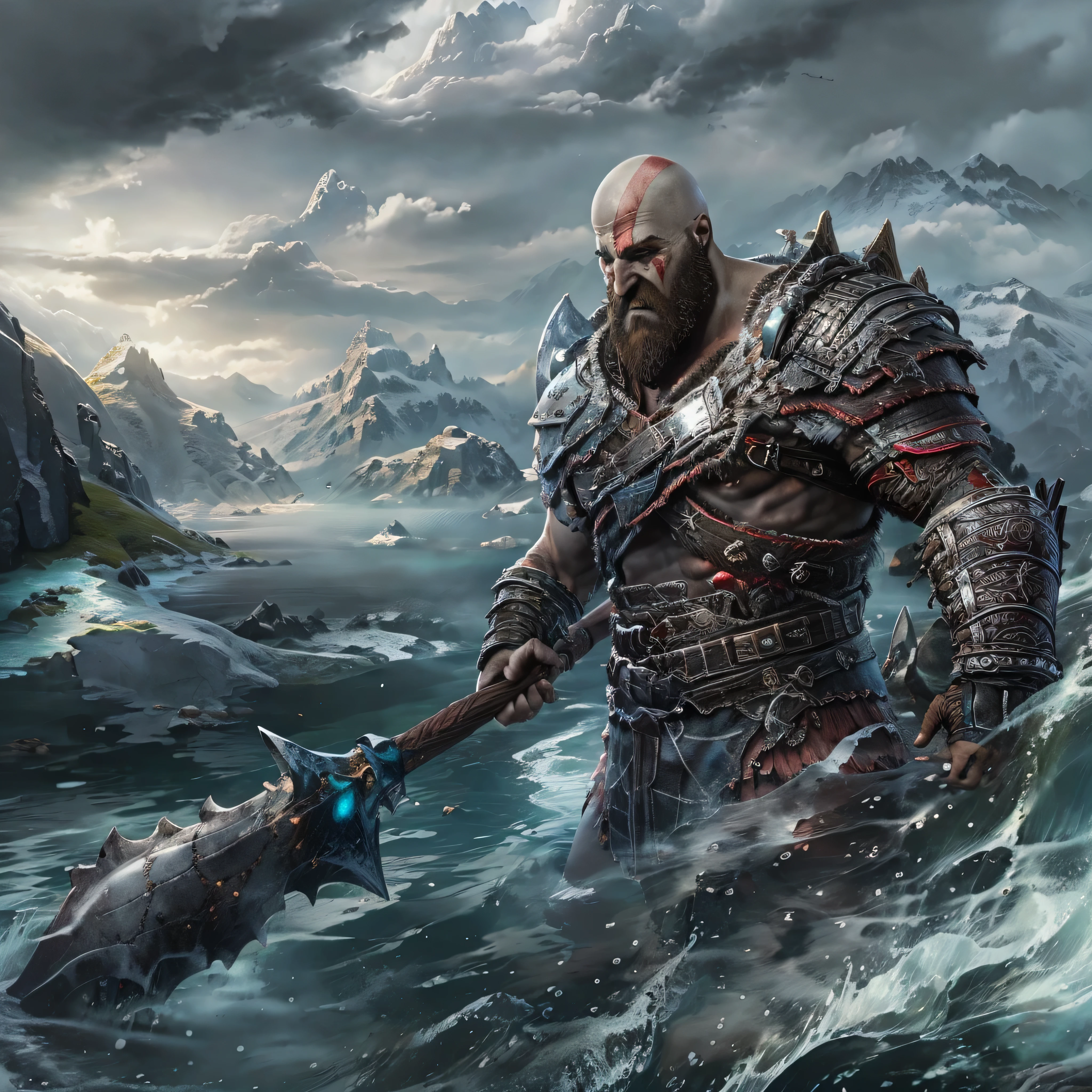 (masterpiece, best quality, detailed:1.2), kratosGOW_soul3142, cold face, metal shorts, mountain, seascape, clouds, 1boy, scar, beard, realistic, bald, armor, Leviathan Axe, upper body shot