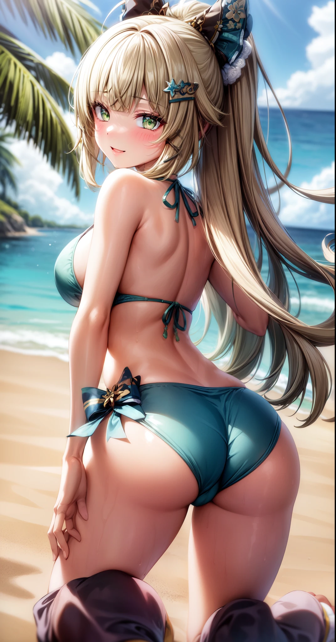 anime, beautiful face, highly detailed face, (highly detailed green eyes:1.2) , highly detailed beach background, best lighting, no shadows, 1girl, solo, outdoors, genshin impact, Kirara, bangs, beautiful long blonde hair, hair ornament, cat ears, absurdres, high res, ultrasharp, 8K, masterpiece, looking at viewer, blushing, (teasing smile:1.2), BREAK (detailed sexy beach bikini:1.4), (sexy pose:1.2), close up, (kneeling on the beach:1.25), (view from behind:1.2), ass view, looking over her shoulders 