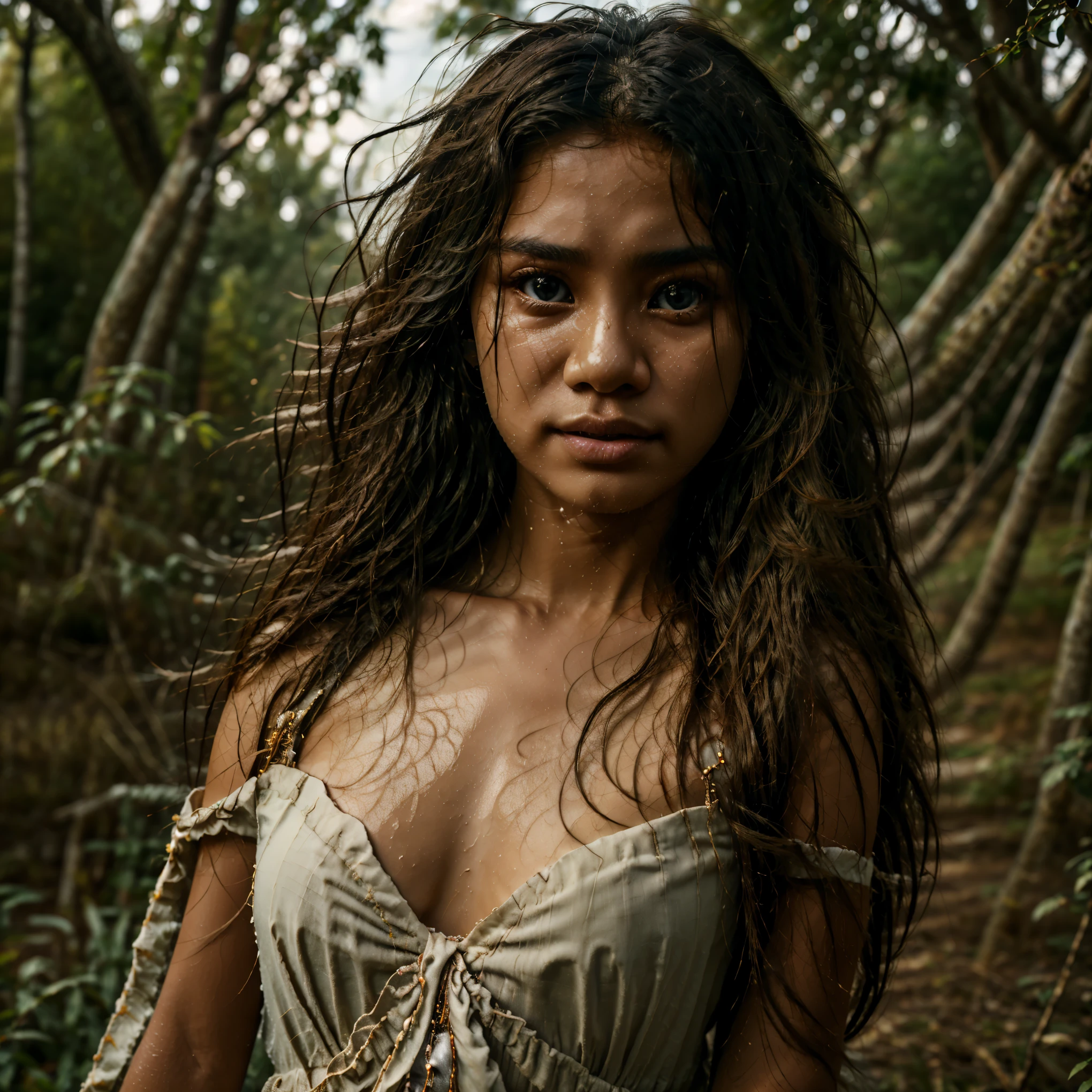 hyperrealistic survival close up photography of balinese woman crawling in a deep muddy swamp, bare body soaking in mud, (muddy and dirty face, hair and skin pores), sagging breast, hopeless look, dark and foggy background, misty atmosphere, volumetric lighting, scary night, natural colour, mysterious, dramatic,