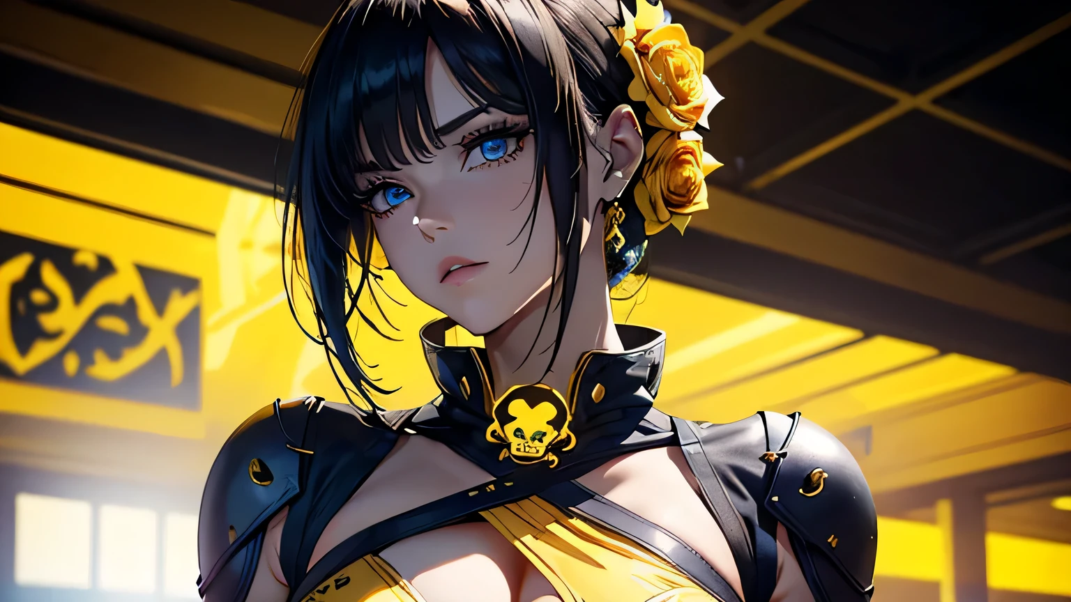 4K, A high resolution, Best quality at best, masterpiece, perfect colors, perfect shadow, perfect litthing, ((sportrait)), 1 cyberpunk woman, fit-muscled body, bright yellow eyes，dark blue hair , blue eyes, With round lenses, The audience watched carefully, (s face: 1.2), Perfect female figure, ((standing)), ((beautiful queen in yellow dress suite, luxurious yellow tight crop top yellow roses and skull adorn her cloth, (yellow bikini, yellow roses, gold skull ornamental, yellow dark))), ((shy and looking at viewert)), (Perfect thick white eyebrows) Delicate fur, 详细s face, s the perfect face, At a fantasy cyberpunk city , (model pose standing), energetic abstract background, perfect cyberpunk city skyscape, lighting atmosphere, ((Bonifasko lighting)), (The round lenses on his eyes)(detailed eyes), Perfect student, ((face close up)), half breast open