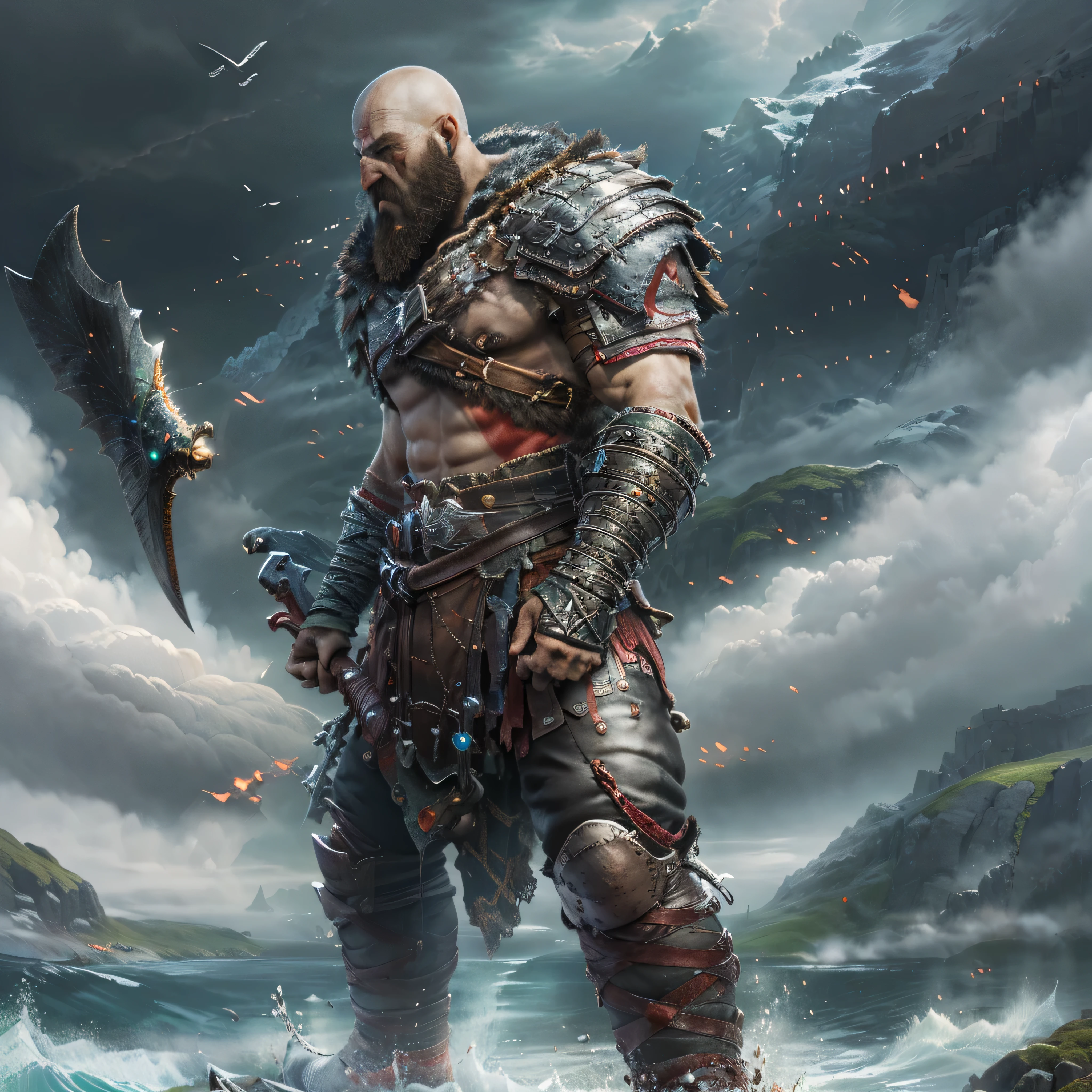 (masterpiece, best quality, detailed:1.2),  kratosGOW_soul3142, cold face, metal shorts, mountain, seascape, clouds, 1boy, scar, beard, realistic, bald, armor, Leviathan Axe, upper body shot