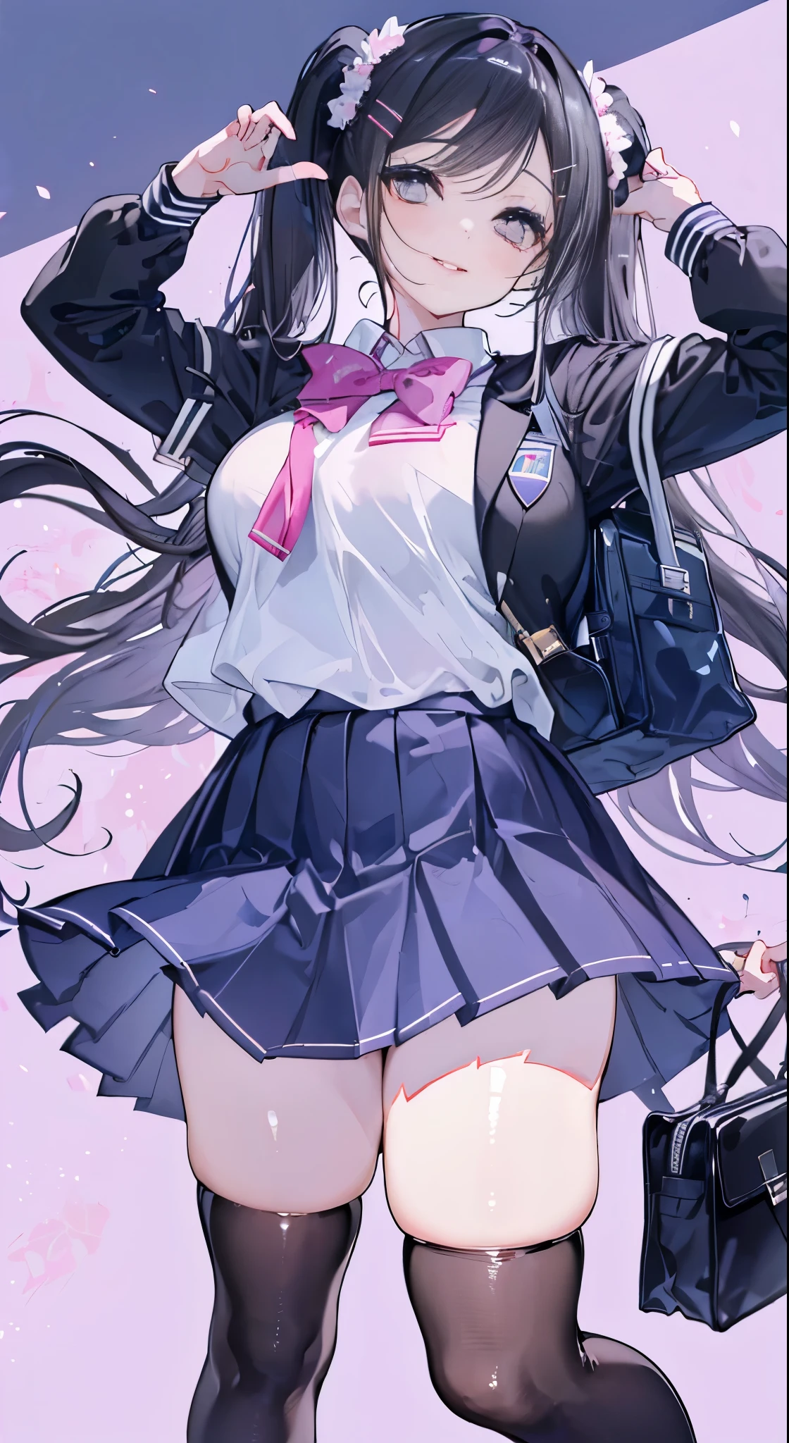 "(perfect masterpiece:1.2), (highest quality:1.2), stunning face,  compensate, long and luxurious eyelashes, lip whole, irresistible charisma.",(((mature woman))),(((twin tails)))，raised his arms,NSFW,(((Chubby)))，((((school uniform)))，hair clip，wallpaper，black hair，very long bangs，hair between eyes，(((Are fat)))，((((Mother))))，lipstick，((((side))))，blue skirt，have a school bag，black long socks，smile