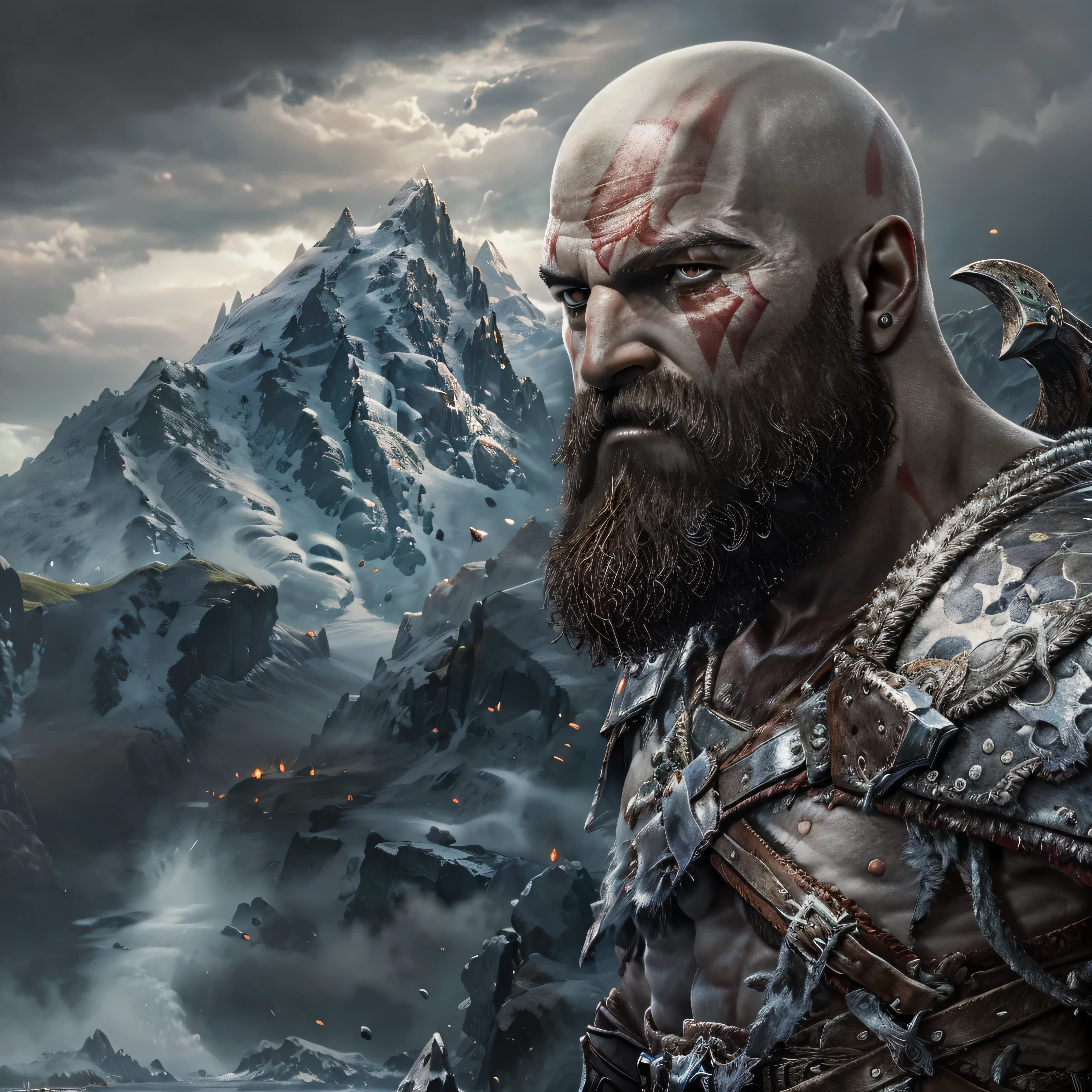 (masterpiece, best quality, detailed:1.2), kratosGOW_soul3142, cold face, metal shorts, mountain, seascape, clouds, 1boy, scar, beard, realistic, bald, armor, Leviathan Axe, upper body shot