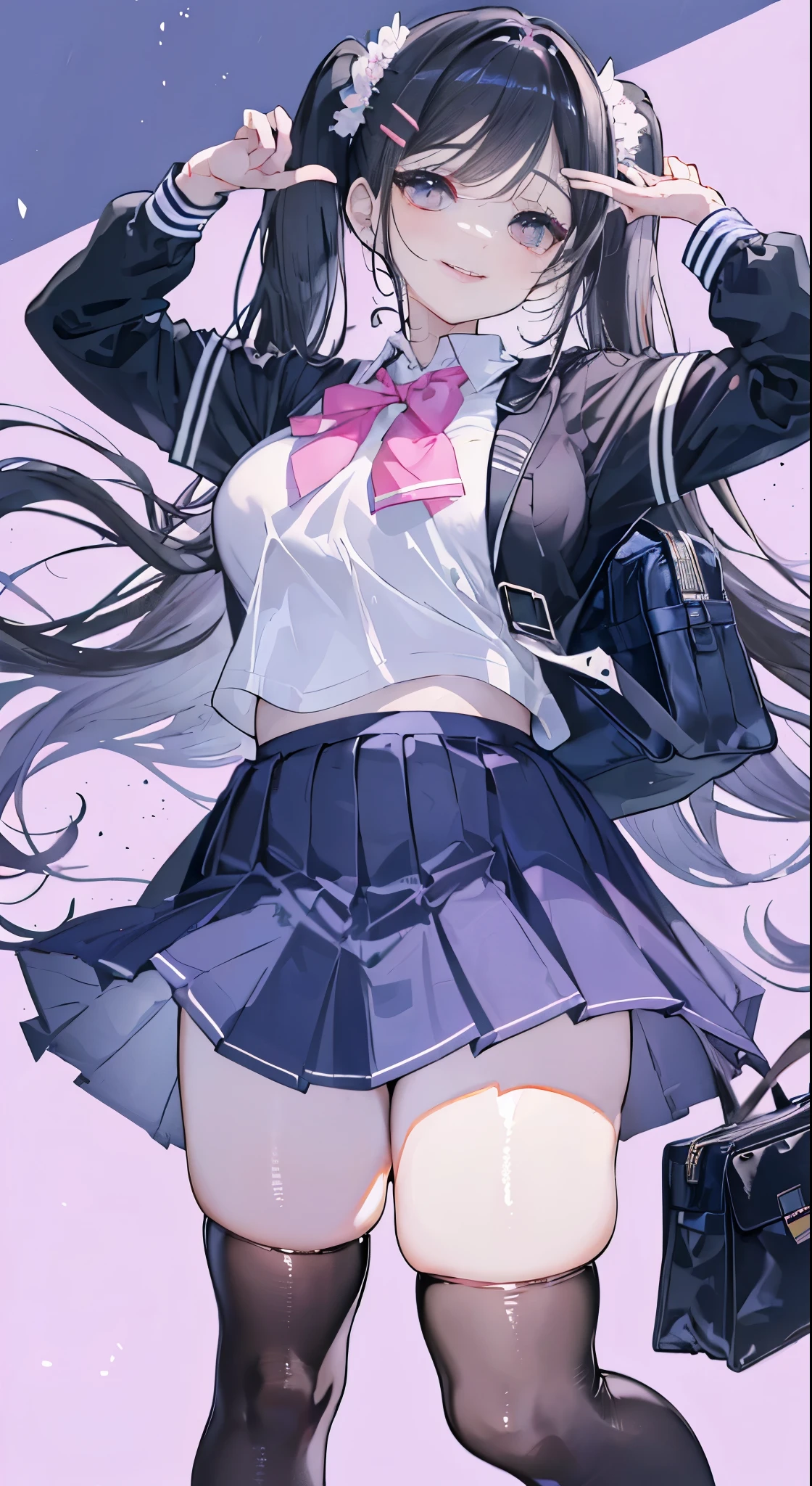 "(perfect masterpiece:1.2), (highest quality:1.2), stunning face,  compensate, long and luxurious eyelashes, lip whole, irresistible charisma.",(((mature woman))),(((twin tails)))，raised his arms,NSFW,(((Chubby)))，((((school uniform)))，hair clip，wallpaper，black hair，very long bangs，hair between eyes，(((Are fat)))，((((Mother))))，lipstick，((((side))))，blue skirt，have a school bag，black long socks，smile