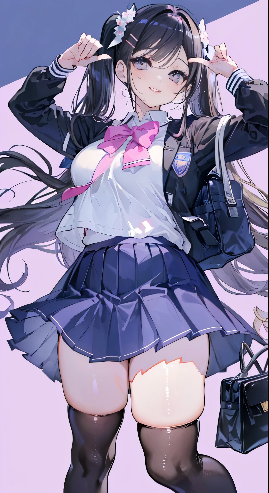 "(perfect masterpiece:1.2), (highest quality:1.2), stunning face,  compensate, long and luxurious eyelashes, lip whole, irresistible charisma.",(((mature woman))),(((twin tails)))，raised his arms,NSFW,(((Chubby)))，((((school uniform)))，hair clip，wallpaper，black hair，very long bangs，hair between eyes，(((Are fat)))，((((Mother))))，lipstick，((((side))))，blue skirt，have a school bag，black long socks，smile