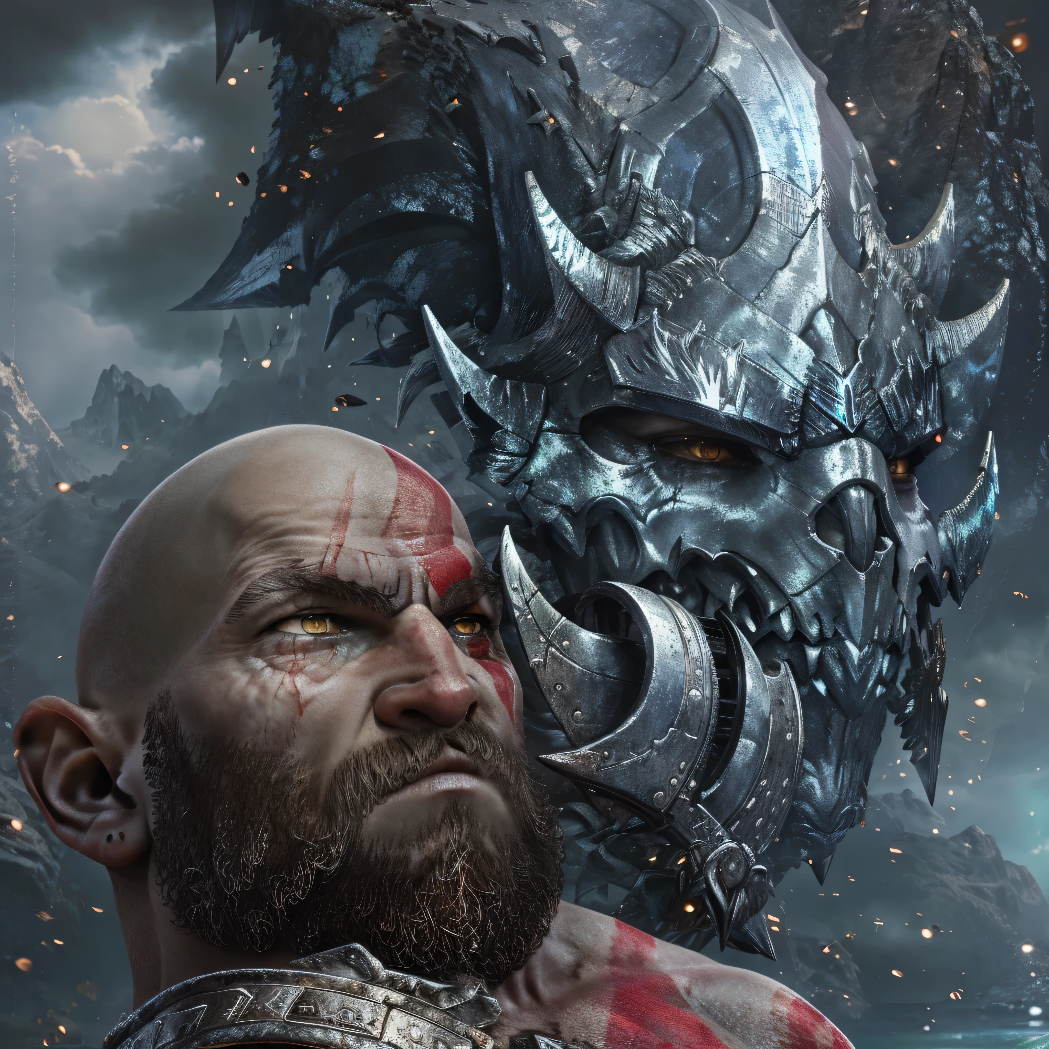 (masterpiece, best quality, detailed:1.2),  kratosGOW_soul3142, cold face, metal shorts, mountain, seascape, clouds, 1boy, scar, beard, realistic, bald, armor, Leviathan Axe, upper body shot