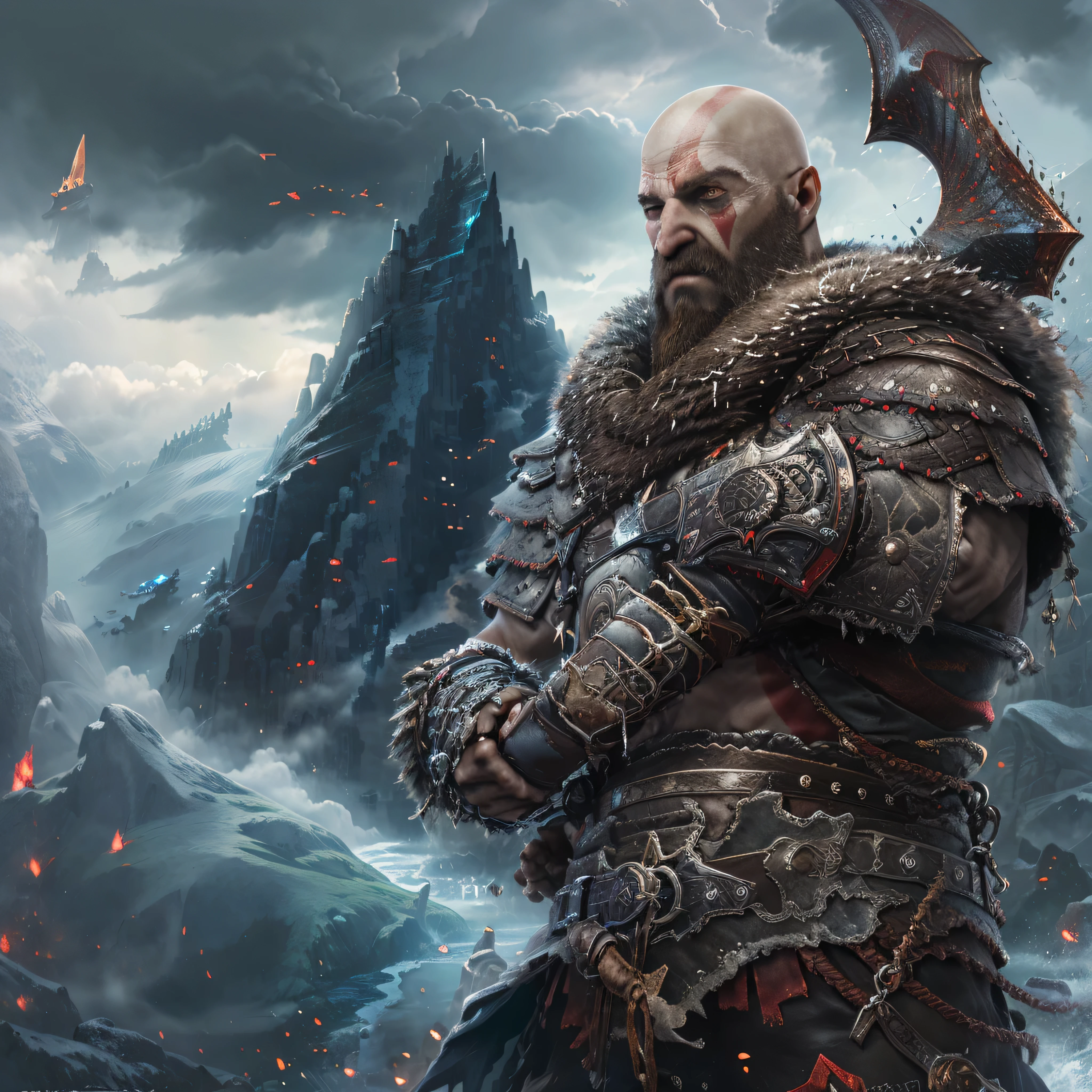 (masterpiece, best quality, detailed:1.2),  kratosGOW_soul3142, cold face, metal shorts, mountain, seascape, clouds, 1boy, scar, beard, realistic, bald, armor, Leviathan Axe, upper body shot