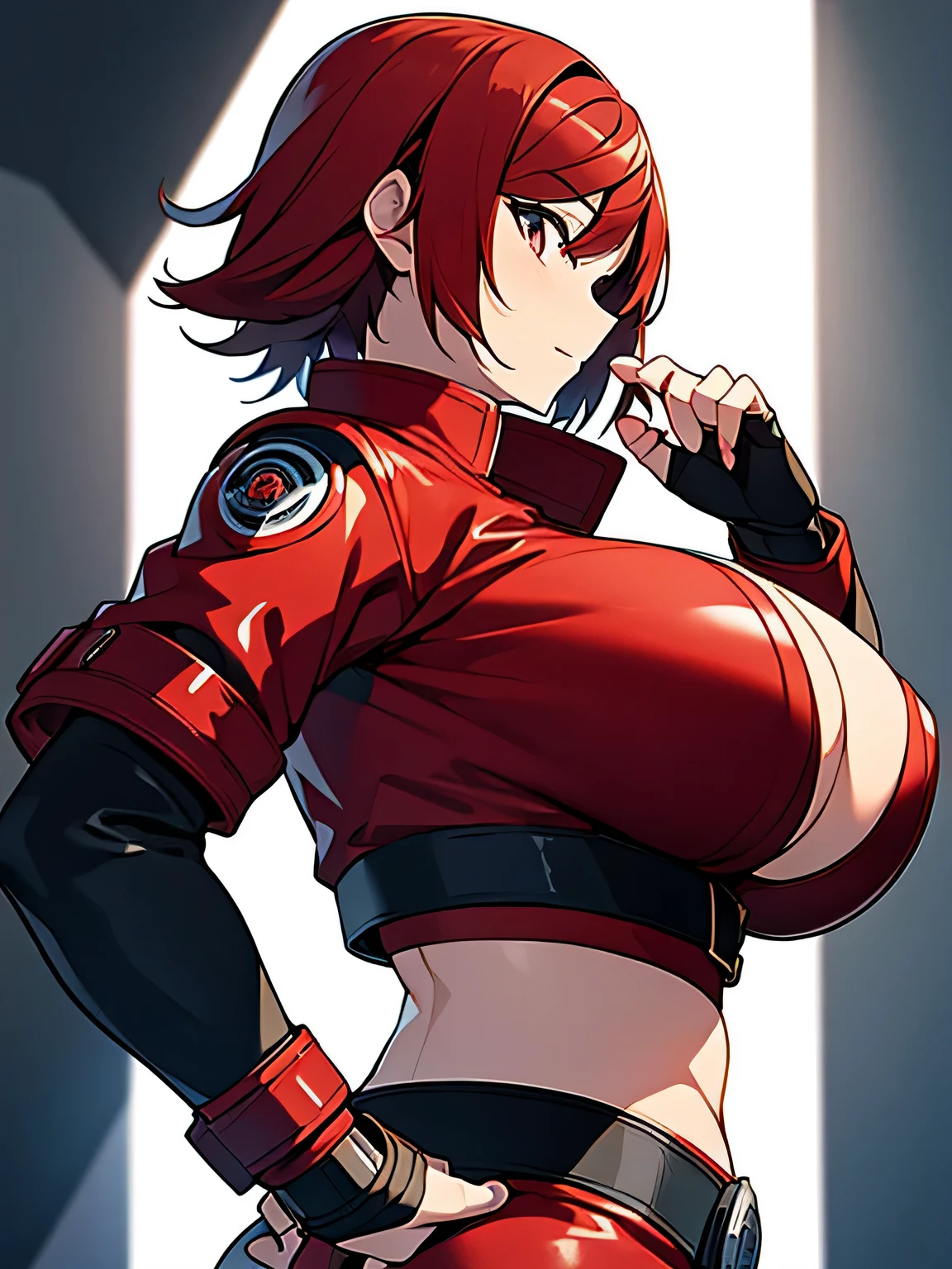 anime, Cyborg, Woman, big breasts, Nice ass, short red hair, leather jacket with short sleeves on a naked body, fingerless gloves, boots.
