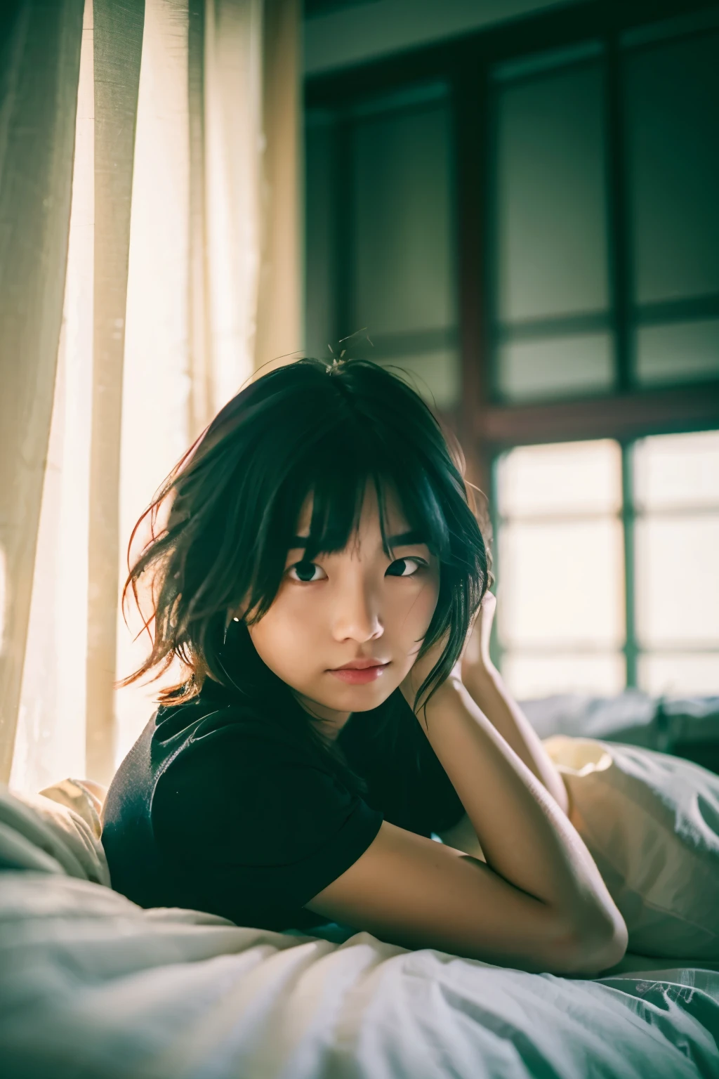 (masterpiece), (best quality), film photography, low key, dark tone, 1girl, portrait, messy hair, windy, film grain, at the her bedroom,