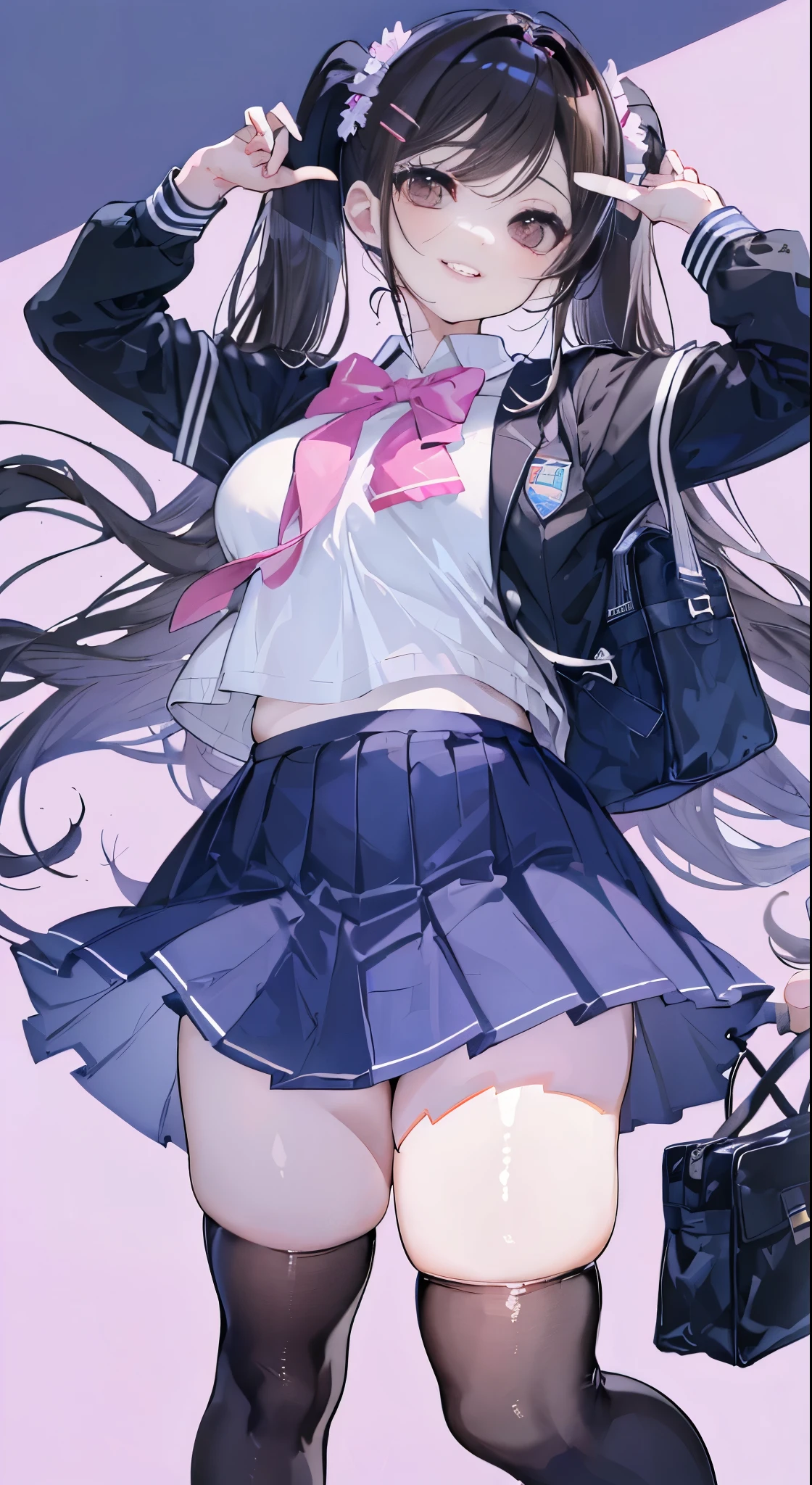 "(perfect masterpiece:1.2), (highest quality:1.2), stunning face,  compensate, long and luxurious eyelashes, lip whole, irresistible charisma.",(((mature woman))),(((twin tails)))，raised his arms,NSFW,(((Chubby)))，((((school uniform)))，hair clip，wallpaper，black hair，very long bangs，hair between eyes，(((Are fat)))，((((Mother))))，lipstick，((((side))))，blue skirt，have a school bag，black long socks，smile，((((brown))))