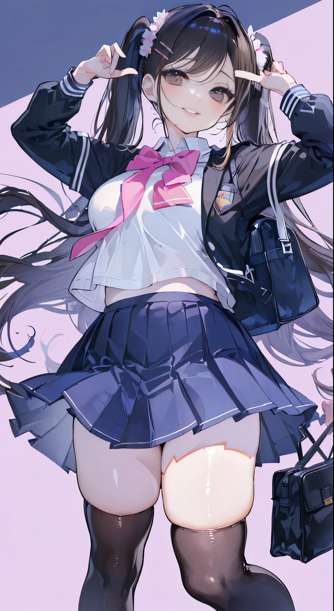 "(perfect masterpiece:1.2), (highest quality:1.2), stunning face,  compensate, long and luxurious eyelashes, lip whole, irresistible charisma.",(((mature woman))),(((twin tails)))，raised his arms,NSFW,(((Chubby)))，((((school uniform)))，hair clip，wallpaper，black hair，very long bangs，hair between eyes，(((Are fat)))，((((Mother))))，lipstick，((((side))))，blue skirt，have a school bag，black long socks，smile，((((brown))))