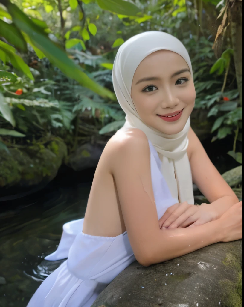 1 matured 30 years old malay girl in hijab naked kneeling and smiling in a dark forest look to the viewer with eye close, top angle shot, pov from top, wet body, wet face with ,