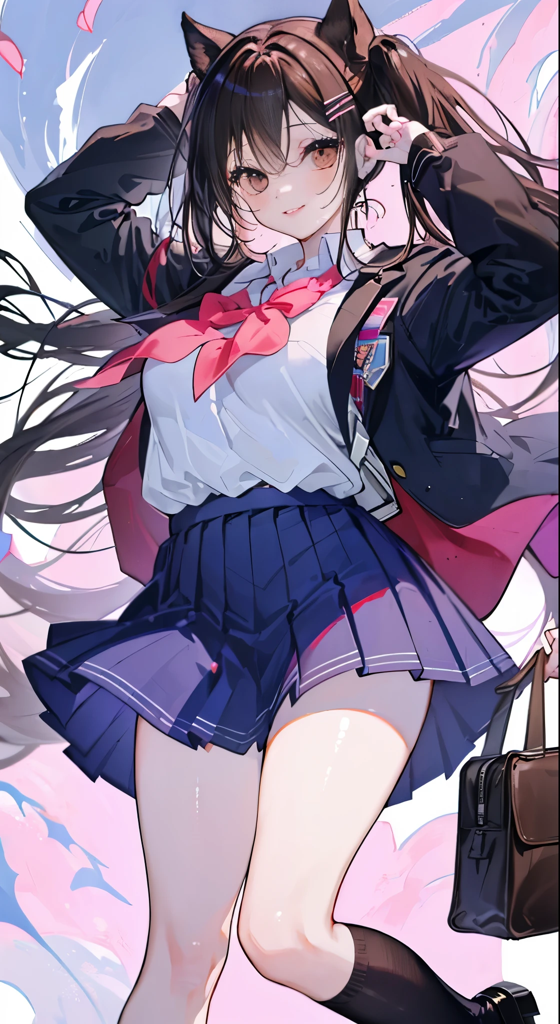 "(perfect masterpiece:1.2), (highest quality:1.2), stunning face,  compensate, long and luxurious eyelashes, lip whole, irresistible charisma.",(((mature woman))),(((twin tails)))，raised his arms,NSFW,(((Chubby)))，((((school uniform)))，hair clip，wallpaper，black hair，very long bangs，hair between eyes，(((Are fat)))，((((Mother))))，lipstick，((((side))))，blue skirt，have a school bag，black long socks，smile，((((brown))))