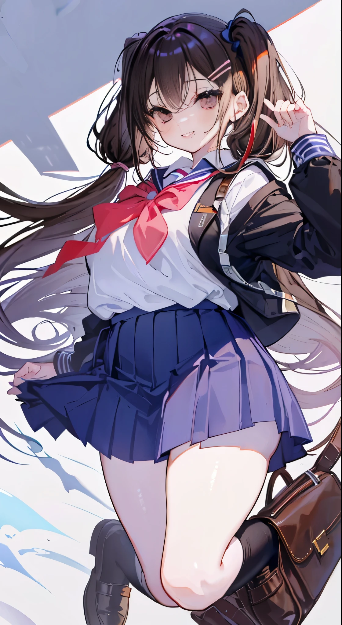 "(perfect masterpiece:1.2), (highest quality:1.2), stunning face,  compensate, long and luxurious eyelashes, lip whole, irresistible charisma.",(((mature woman))),(((twin tails)))，raised his arms,NSFW,(((Chubby)))，((((school uniform)))，hair clip，wallpaper，black hair，very long bangs，hair between eyes，(((Are fat)))，((((Mother))))，lipstick，((((side))))，blue skirt，have a school bag，black long socks，smile，((((brown))))