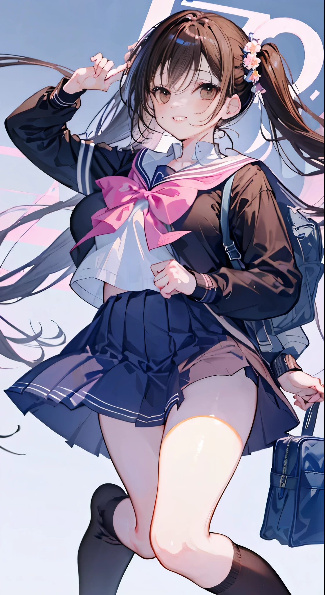 "(perfect masterpiece:1.2), (highest quality:1.2), stunning face,  compensate, long and luxurious eyelashes, lip whole, irresistible charisma.",(((mature woman))),(((twin tails)))，raised his arms,NSFW,(((Chubby)))，((((school uniform)))，hair clip，wallpaper，black hair，very long bangs，hair between eyes，(((Are fat)))，((((Mother))))，lipstick，((((side))))，blue skirt，have a school bag，black long socks，smile，((((brown))))