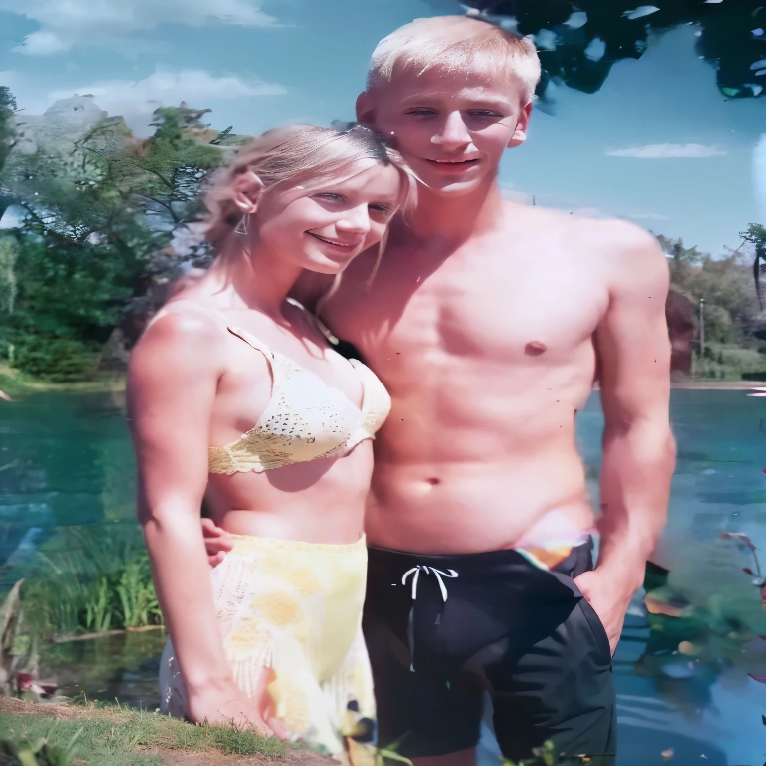 Sebastian060578, standing with a woman by the lake, both holding hands, she has one hand on his back, the woman is 18 years old, [beautiful detailed eyes, beautiful detailed lips, extremely detailed eyes and face, long eyelashes], [oil painting, fine art], [lush green grass, sparkling blue water], [best quality, 4k, highres, masterpiece:1.2], ultra-detailed, [realistic, photorealistic:1.37], [romantic, dreamy], [soft, warm color palette], [soft sunlight, gently illuminating their faces], [dreamy, idyllic atmosphere].