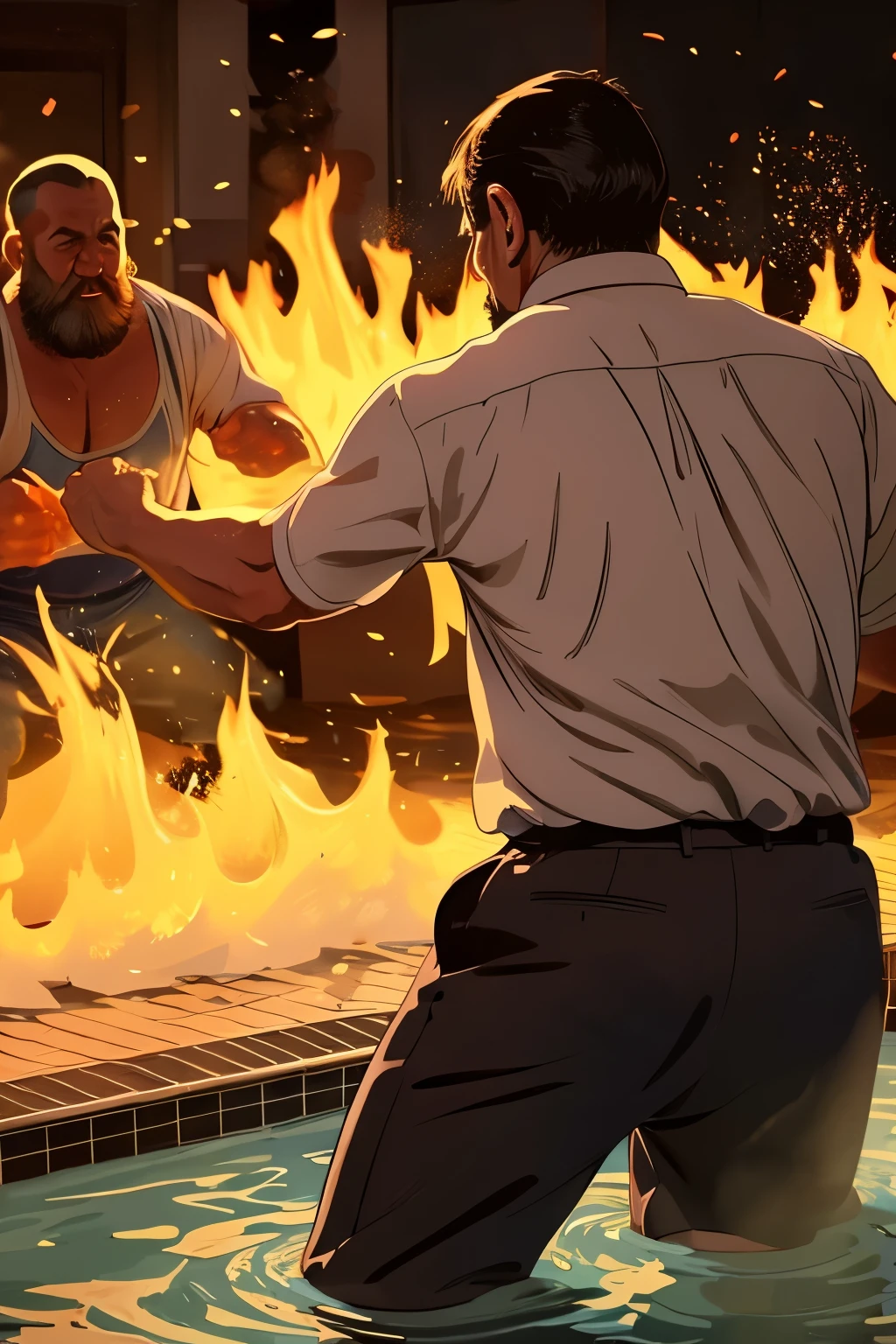 A live-action style illustration of a man weighing 70 kg, height 168 cm, 38 years old with short hair and no beard, and a man weighing 90 kg, height 178 cm, 43 years old with short hair and a beard fighting in a public bath with a background of flames and water splashing around.