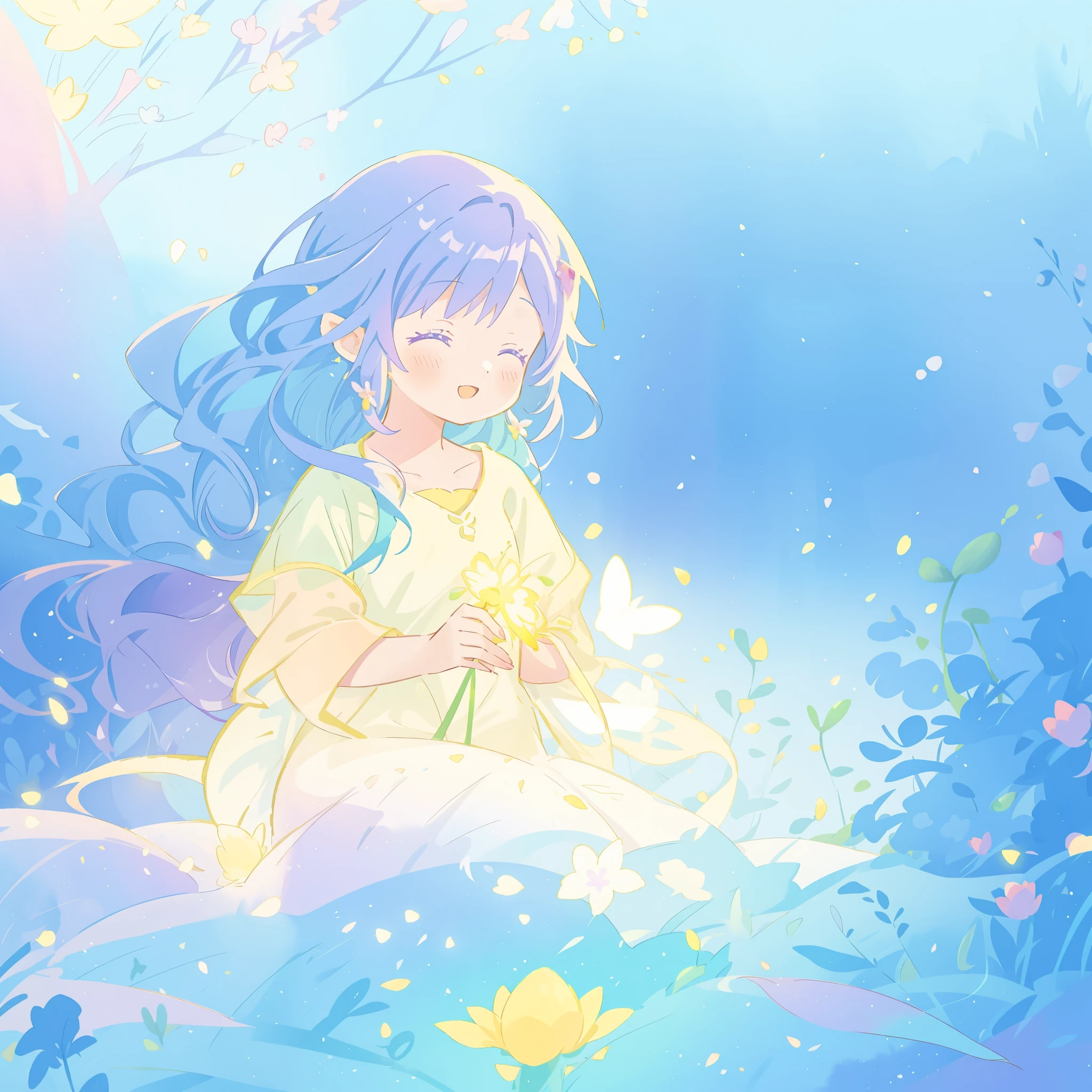 beautiful girl in yellow mint gradient flowing dress, long flowing blue purple hair, colorful fantasia background, vibrant bright colors, watercolor illustration, disney art style, glowing aura around her, glowing lights, beautiful digital illustration, fantasia otherworldly landscape plants flowers, beautiful, masterpiece, best quality, anime disney style