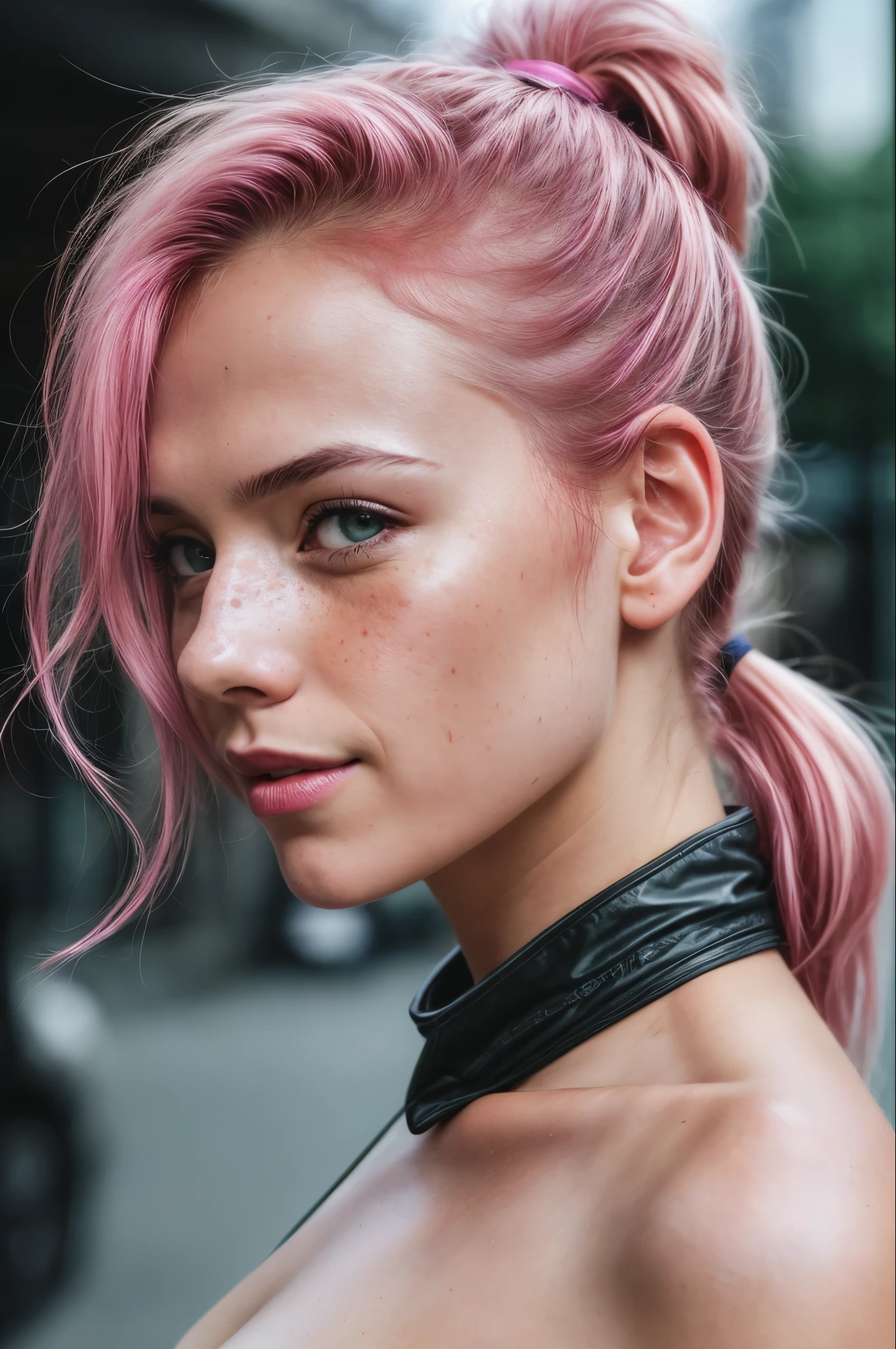 (RAW photo) night scene, close up photo of a sexy girl, posing, looking at viewer, smiling, pink hair in a ponytail, (green eyes:0.8), cute young face, 18 yo, soft volumetric lights, soft key and fill lighting, (backlit:1.3), (cinematic:1.3), intricate details, (ArtStation:1.2), skin blemishes, (freckles:0.9), detailed eyes, micro details, FUJI XT3, photorealistic, photorealism