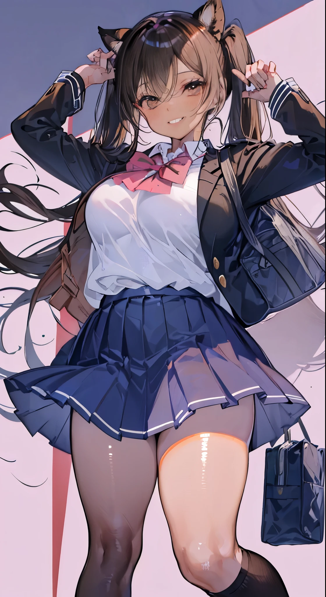 "(perfect masterpiece:1.2), (highest quality:1.2), stunning face,  compensate, long and luxurious eyelashes, lip whole, irresistible charisma.",(((mature woman))),(((twin tails)))，raised his arms,NSFW,(((Chubby)))，((((school uniform)))，hair clip，wallpaper，black hair，very long bangs，hair between eyes，(((Are fat)))，((((Mother))))，lipstick，((((side))))，blue skirt，have a school bag，black long socks，smile，((((brown skin))))