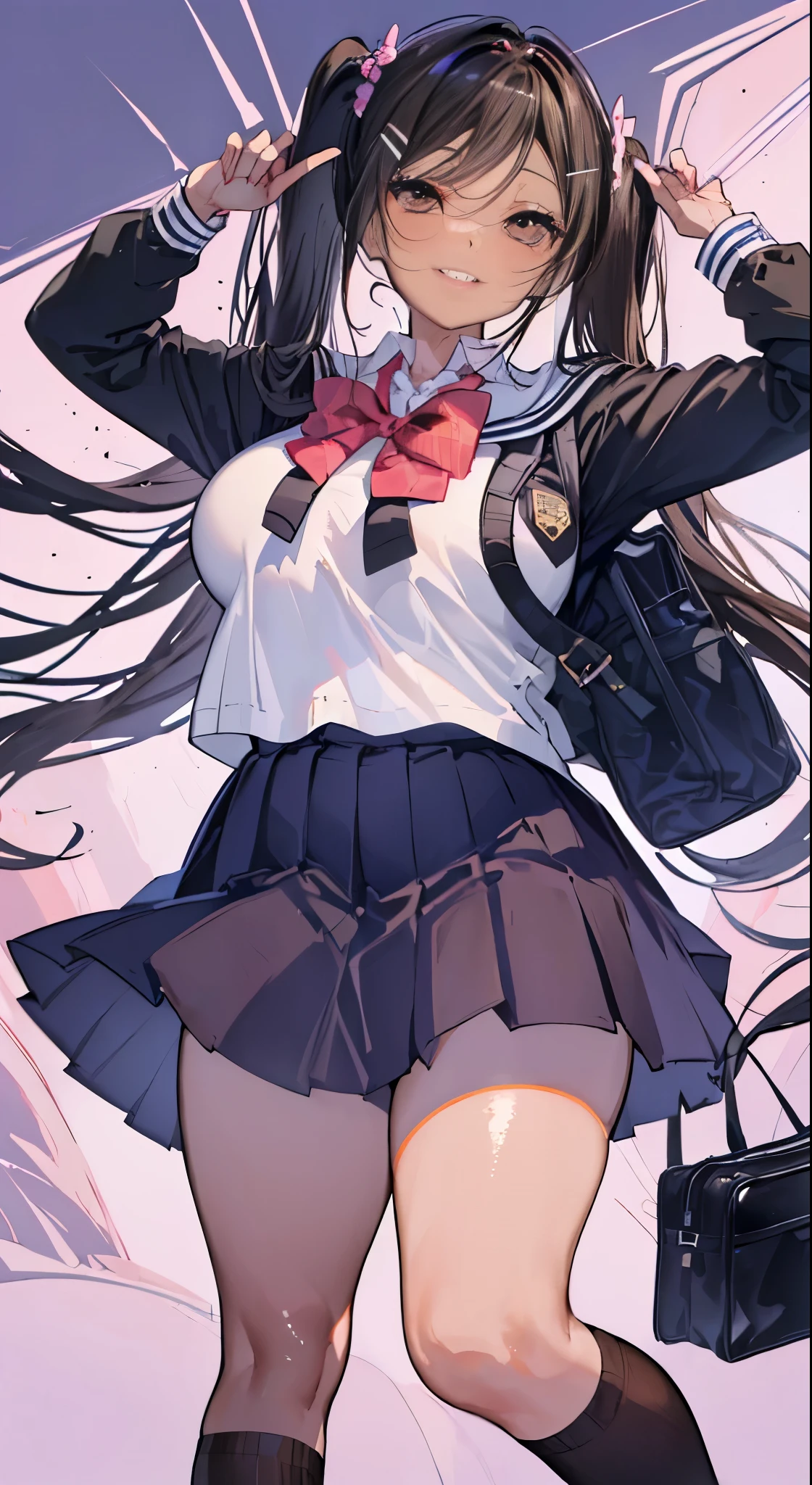 "(perfect masterpiece:1.2), (highest quality:1.2), stunning face,  compensate, long and luxurious eyelashes, lip whole, irresistible charisma.",(((mature woman))),(((twin tails)))，raised his arms,NSFW,(((Chubby)))，((((school uniform)))，hair clip，wallpaper，black hair，very long bangs，hair between eyes，(((Are fat)))，((((Mother))))，lipstick，((((side))))，blue skirt，have a school bag，black long socks，smile，((((brown skin))))