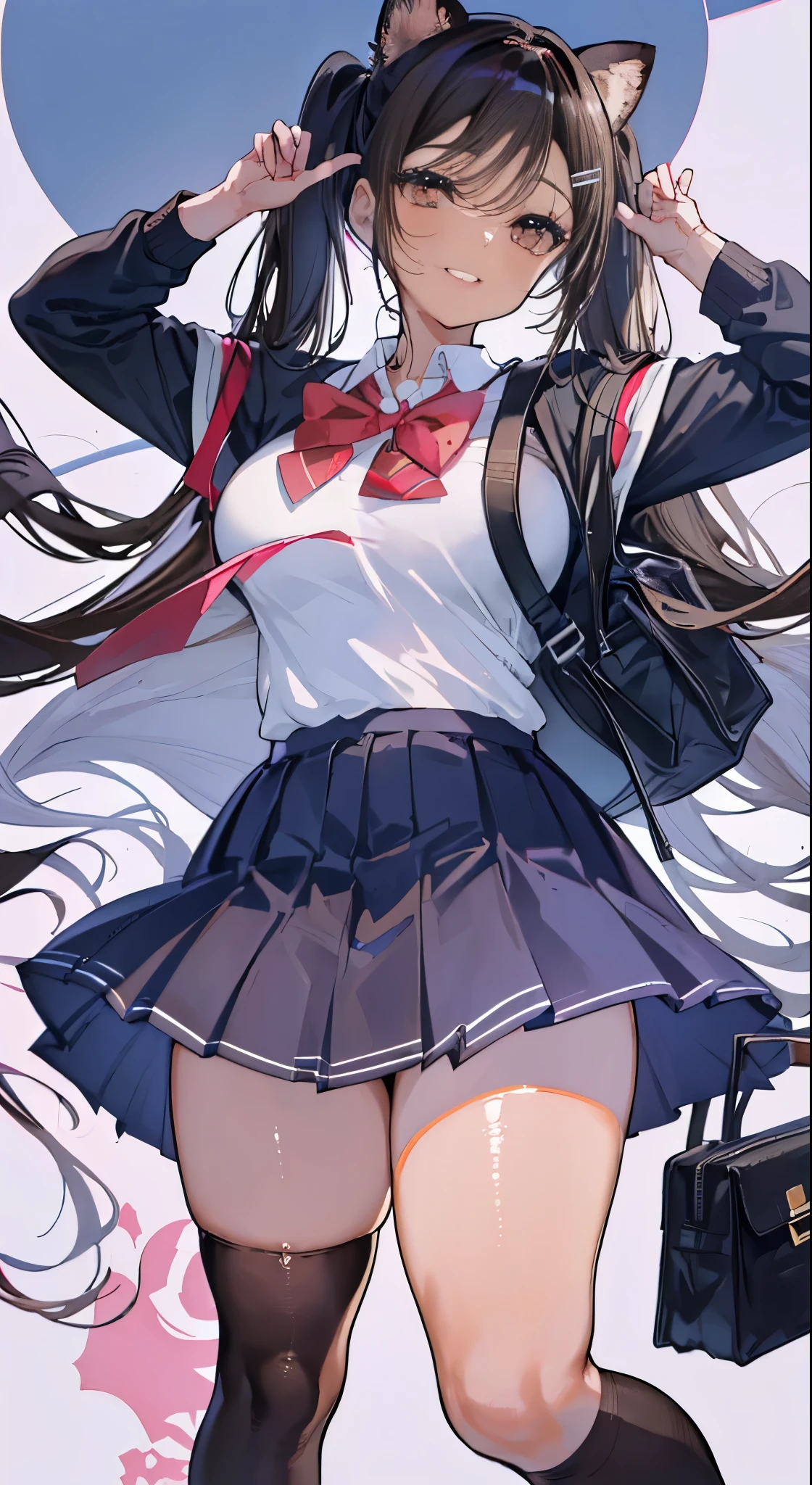 "(perfect masterpiece:1.2), (highest quality:1.2), stunning face,  compensate, long and luxurious eyelashes, lip whole, irresistible charisma.",(((mature woman))),(((twin tails)))，raised his arms,NSFW,(((Chubby)))，((((school uniform)))，hair clip，wallpaper，black hair，very long bangs，hair between eyes，(((Are fat)))，((((Mother))))，lipstick，((((side))))，blue skirt，have a school bag，black long socks，smile，((((brown skin))))