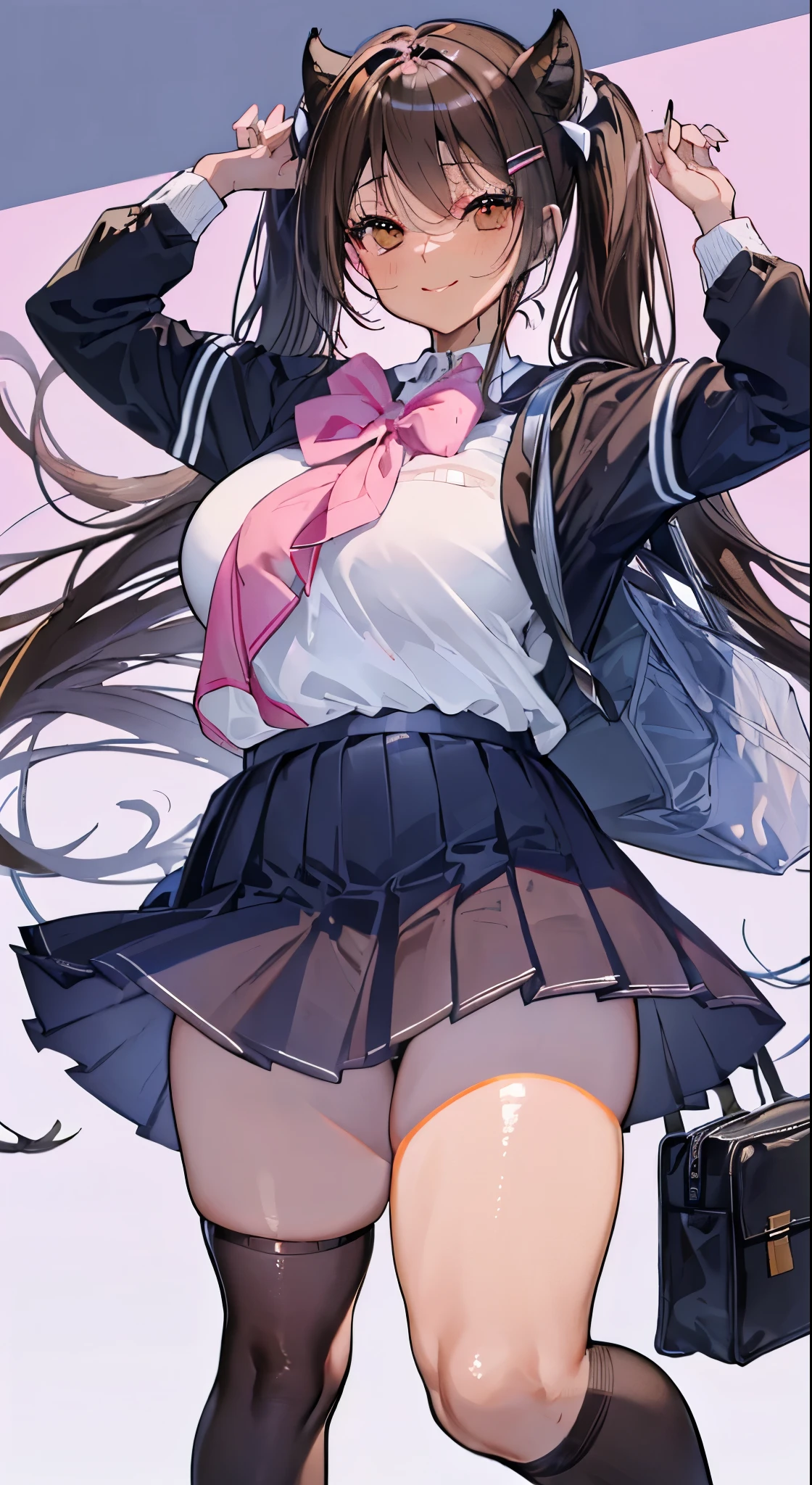 "(perfect masterpiece:1.2), (highest quality:1.2), stunning face,  compensate, long and luxurious eyelashes, lip whole, irresistible charisma.",(((mature woman))),(((twin tails)))，raised his arms,NSFW,(((Chubby)))，((((school uniform)))，hair clip，wallpaper，black hair，very long bangs，hair between eyes，(((Are fat)))，((((Mother))))，lipstick，((((side))))，blue skirt，have a school bag，black long socks，smile，((((brown skin))))