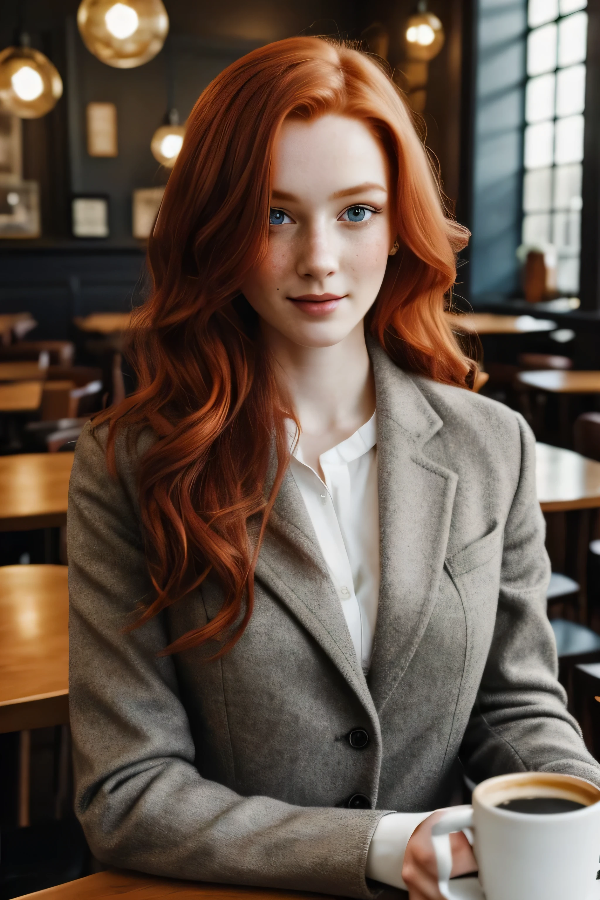 1 girl in, age 19, One, Aesthetic work of art, Irish redhead, wavy red hair, shoulder length red hair, grey eyes, светло-grey eyes, a few small freckles, pale skin, B-чашка, medium breasts, fugitive body, detailed skin texture, sitting in a cafe, next to the table with coffee cups, smiling, cozy atmosphere, winter atmosphere, low lighting, (extremely detailed 8k wallpaper), Soft lighting, high quality, detailing, Fujifilm XT3 sharp focus, same 5.6, 50 mm, Высокая detailing, sharp focus,(natural light), white doctor button up&#39;Coat, black pants, crazy details, complex parts, Hyper detailed