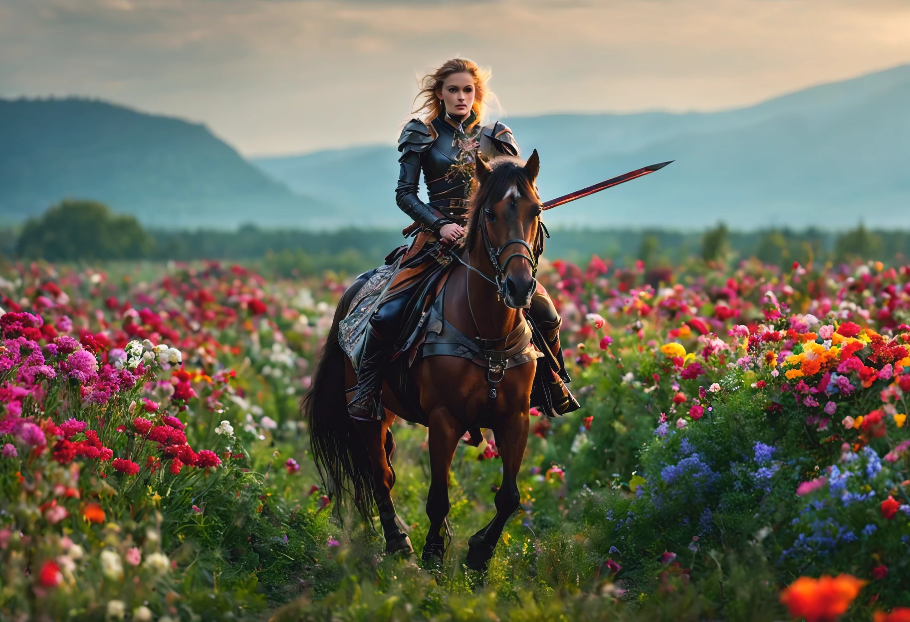 Realistic photo, dark fantasy, moody fantasy world, fantasy flower, Sea of flowers, colorful,  young elf (woman) warrior, Leather armor, leather tnic, knee-high travelling boots, sword at belt, holds lance with banner with flowers on it riding horse (fast gallop) along fields of flowers, Imersive dark fantasy barkground, raw photo, 8k, wide shot, 