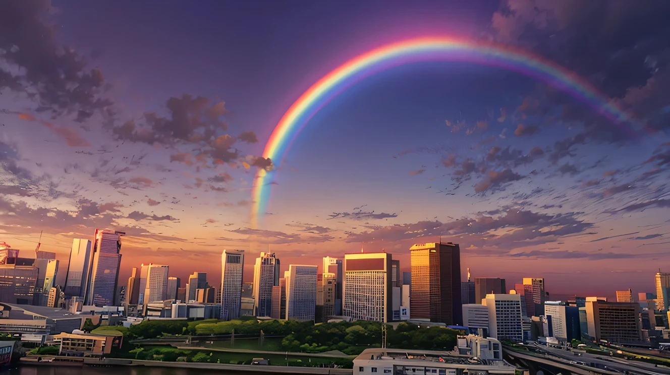 arafed rainbow over a city with a rainbow in the sky, Photographed with Sony α7R camera, With Tokyo in the background, rainbow in the sky, Just one rainbow 8 K, Photographed with Sony α9, rainbow ophanim still image, With the city of Tokyo in the background, skyline showing, by Yasushi Sugiyama, Photographed with Sony α3 camera