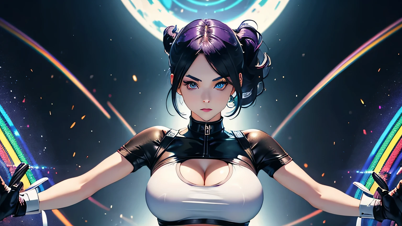 4K, A high resolution, Best quality at best, masterpiece, perfect colors, perfect shadow, perfect litthing, ((sportrait)), 1woman, fit body, heterochromia eyes,dark blue hair , blue eyes, With round lenses, The audience watched carefully, (s face: 1.2), Perfect female figure, ((dynamic pose)), ((purple Tight crop top, half breast, purple leather suit)), ((shy and looking at viewert)), (Perfect thick white eyebrows) Delicate fur, 详细s face, s the perfect face, , (dynamic pose), cyberpunk abstract background, ((Bonifasko lighting)), (The round lenses on his eyes)(detailed eyes), Perfect student, ((face close up))