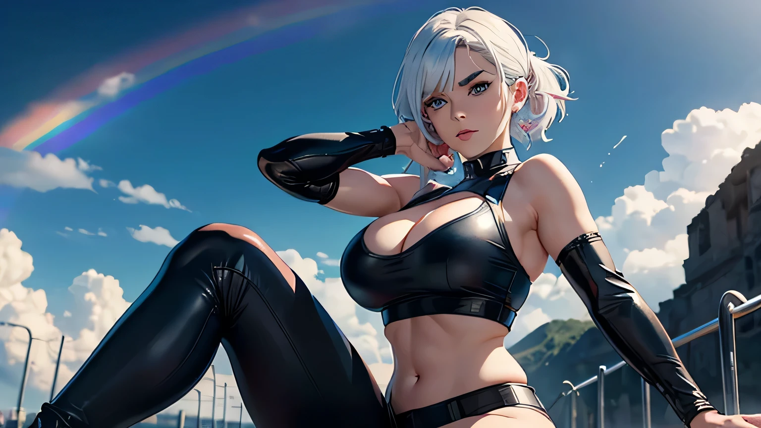4K, A high resolution, Best quality at best, masterpiece, perfect colors, perfect shadow, perfect litghting, ((sportrait)), 1woman, fit body, heterochromia eyes,rainbow hair , blue eyes, With round lenses, The audience watched carefully, (s face: 1.2), Perfect female figure, ((dynamic pose)), ((rainbow Tight crop top leather suit)), ((shy and looking at viewer)), (Perfect thick white eyebrows) Delicate fur, 详细s face, s the perfect face, , (dynamic pose), big breast, open half breast