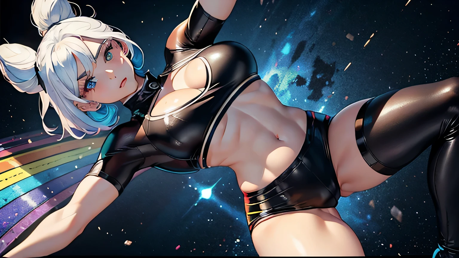 4K, A high resolution, Best quality at best, masterpiece, perfect colors, perfect shadow, perfect litghting, ((sportrait)), 1woman, fit body, heterochromia eyes,rainbow hair , blue eyes, With round lenses, The audience watched carefully, (s face: 1.2), Perfect female figure, ((dynamic pose)), ((rainbow Tight crop top leather suit)), ((shy and looking at viewer)), (Perfect thick white eyebrows) Delicate fur, 详细s face, s the perfect face, , (dynamic pose), big breast, open half breast