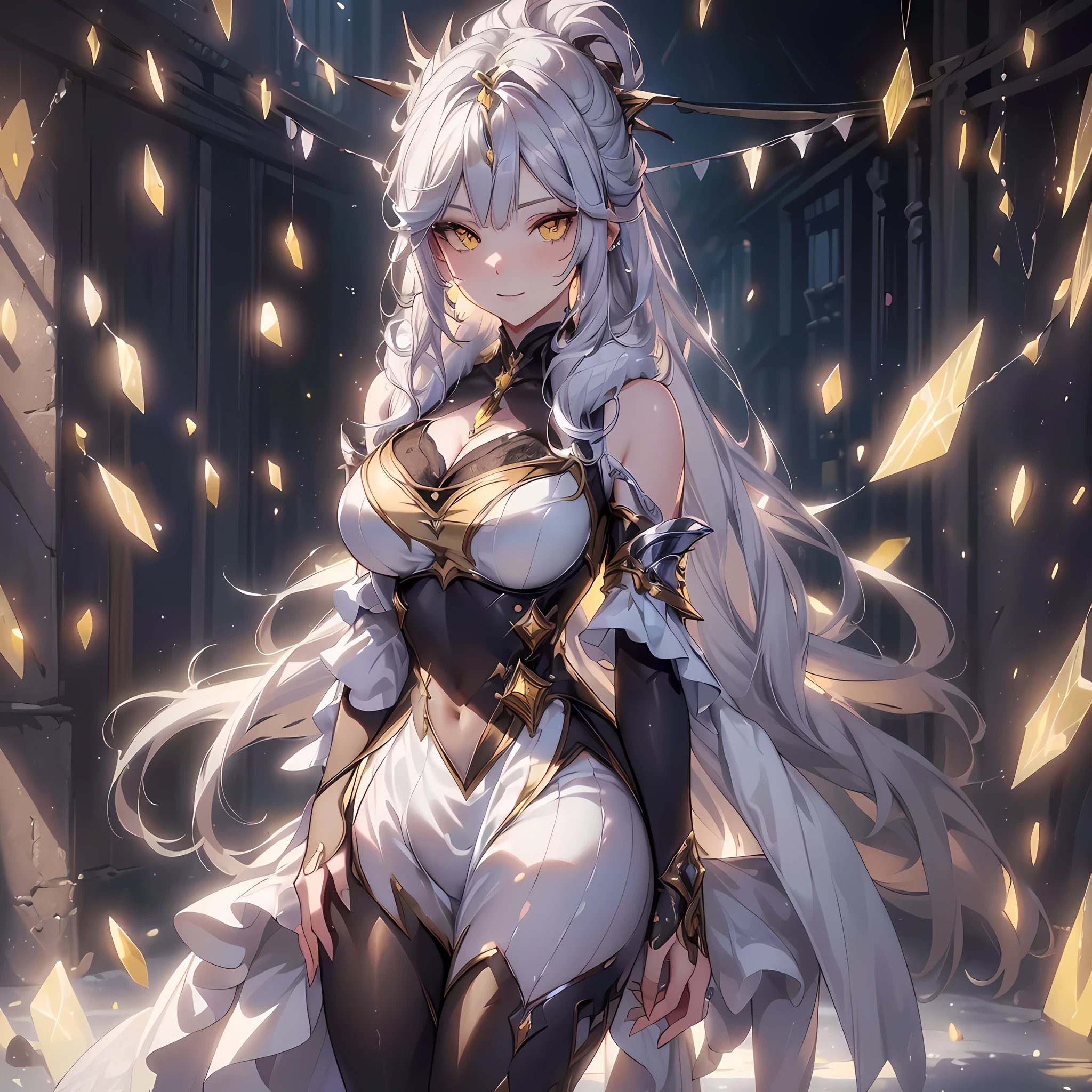 (best quality,highres,ultra-detailed,realistic:1.37),(silver hair),(beautiful detailed yellow eyes),cleavage,full body,soft lighting,vivid colors,happy facial expression