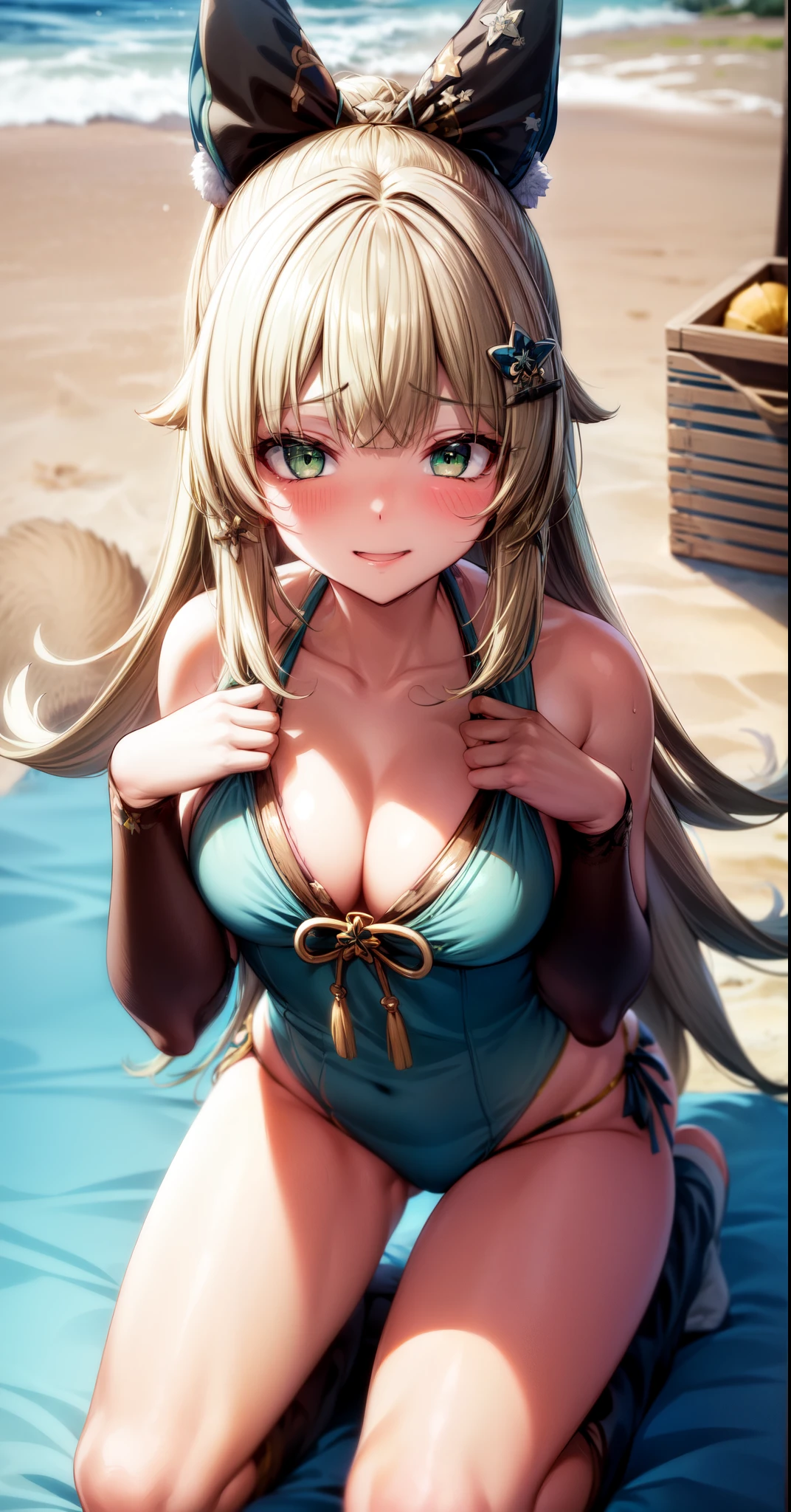 anime, beautiful face, highly detailed face, (highly detailed green eyes:1.2) , highly detailed beach background, best lighting, no shadows, 1girl, solo, outdoors, genshin impact, Kirara, bangs, beautiful long blonde hair, hair ornament, cat ears, absurdres, high res, ultrasharp, 8K, masterpiece, looking at viewer, blushing, (teasing smile:1.2), (naked:1.1), BREAK (detailed sexy beach bikini:1.4), (sexy pose:1.2), close up, (hands behind head:1.2), (kneeling on the beach:1.4)