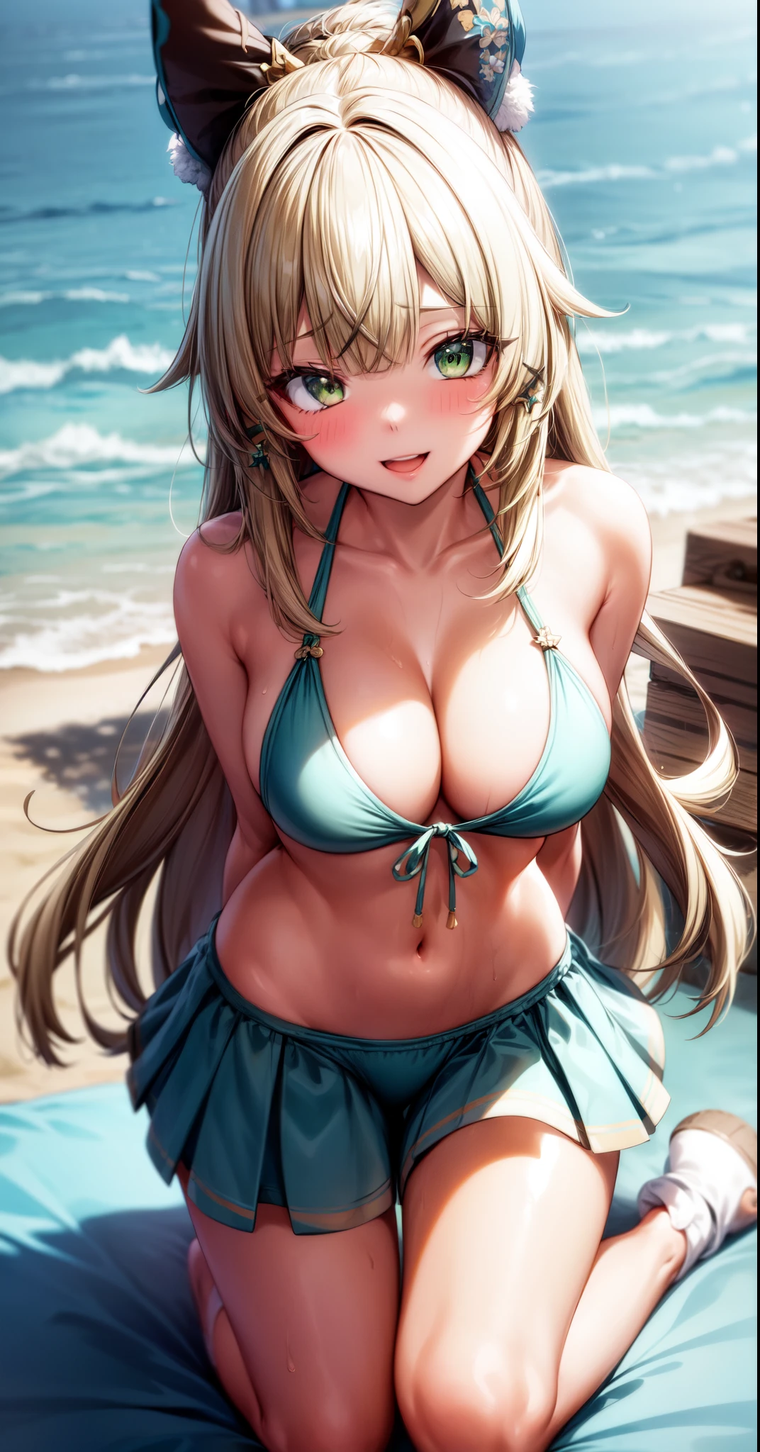 anime, beautiful face, highly detailed face, (highly detailed green eyes:1.2) , highly detailed beach background, best lighting, no shadows, 1girl, solo, outdoors, genshin impact, Kirara, bangs, beautiful long blonde hair, hair ornament, cat ears, absurdres, high res, ultrasharp, 8K, masterpiece, looking at viewer, blushing, (teasing smile:1.2), (naked:1.1), BREAK (detailed sexy beach bikini:1.4), (sexy pose:1.2), close up, (hands behind head:1.2), (kneeling on the beach:1.4)