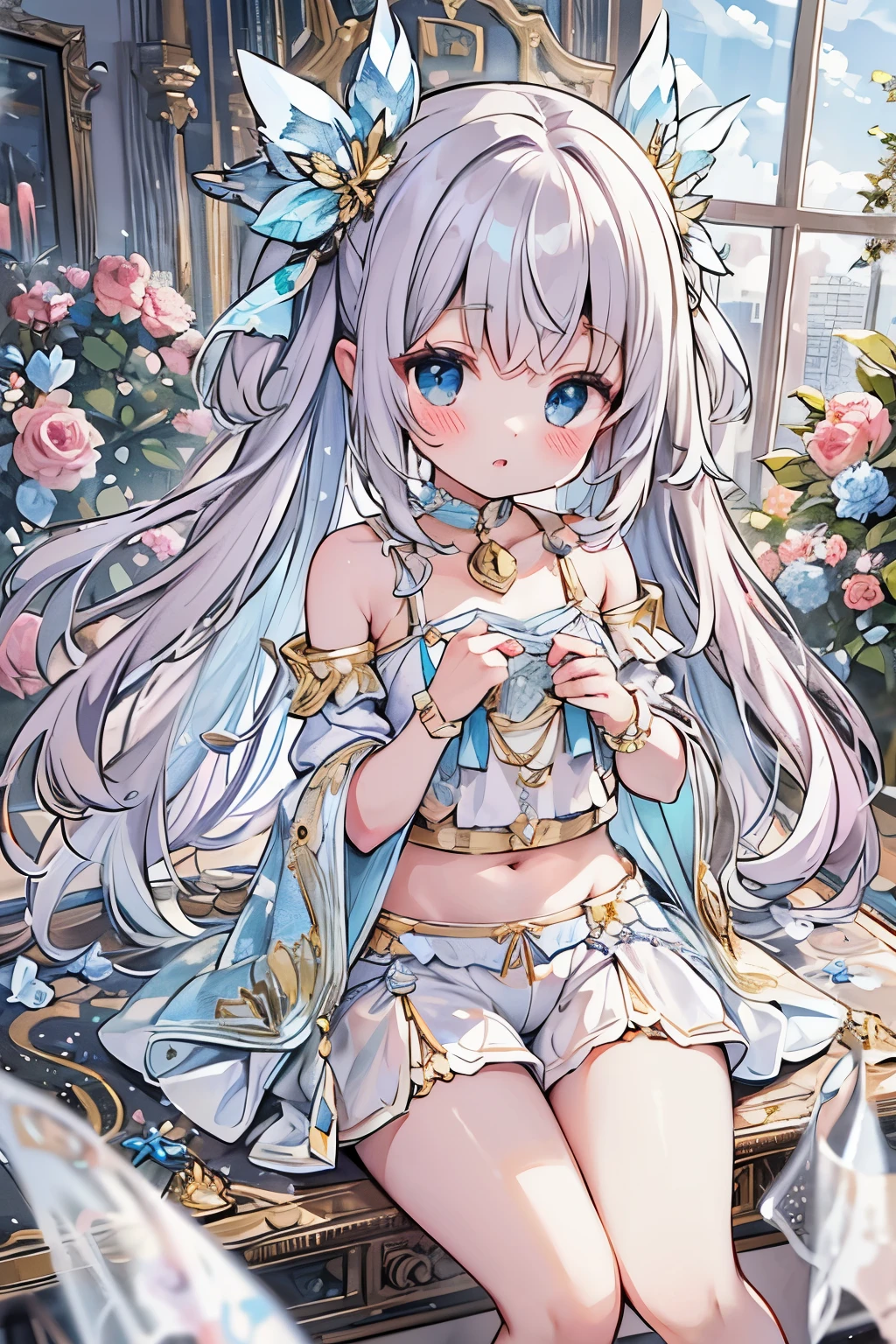 absurd, High resolution, (anime style:1.1), ((table top)), ((highest quality)), (super detailed)、masterpiece、Transparent white cloth、fairy clothes、Translucent white camisole、(Culotte shorts with translucent hem、Culotte shorts with transparent hem)、gold ornaments、、、cute girl