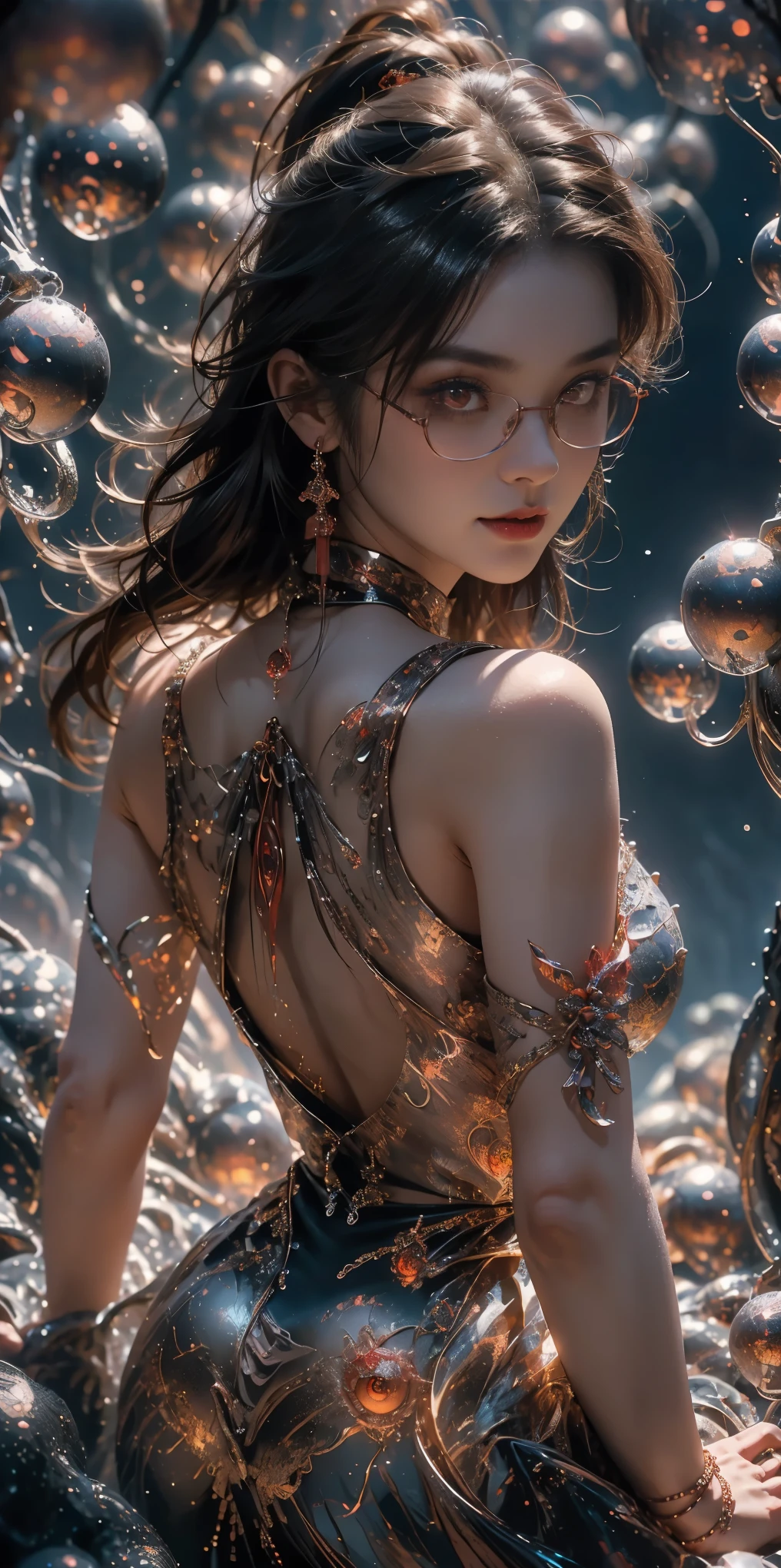 (The best illustrations)、realisitic、ultra-detailliert、The best lighting、Best Shadows、alluring succubus, ethereal beauty, perched on a cloud, (fantasy illustration:1.3), enchanting gaze, captivating pose, delicate wings, otherworldly charm, mystical sky, (Luis Royo:1.2), (Yoshitaka Amano:1.1), Dungeon and Dragon、caves、Dungeon、 A Necromancer、natta、Dark style、Succubus、Devil's Daughter、Bat Wings，(((Demon Hornlack-rimmed round glasses))))、(red eyes glowing:1.6)、​beautiful countenance、Tindall Effect、(High Detail Skins:1.2) absurderes、Ponytail distortion、jewely、Beautiful expression、Toned waist、Wide buttocks、Tindall Effectmasuter piece、top-quality、Highest Standards、Top image quality、masutepiece、intricate detailes、High resolution、Depth Field、natural soft light、profetional lighting、Great smile、(High Detail Skin: 1.2)、photorealistic anime girl render、Strong highlights of the eyes、Perfect Anatomy、crotch open、Shy、Spreading your legs、Panties are visible、Skirt flipping、Body shiny with oilerectile nipple))、8K resolution、intricate clothing、Intricate details