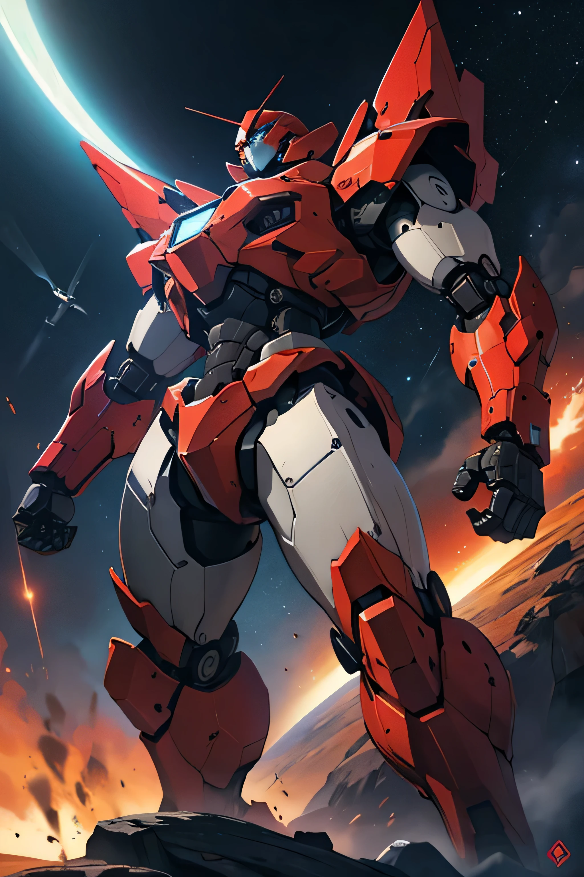 giant mecha, black, red, best quality, realistic, machine, robot, space